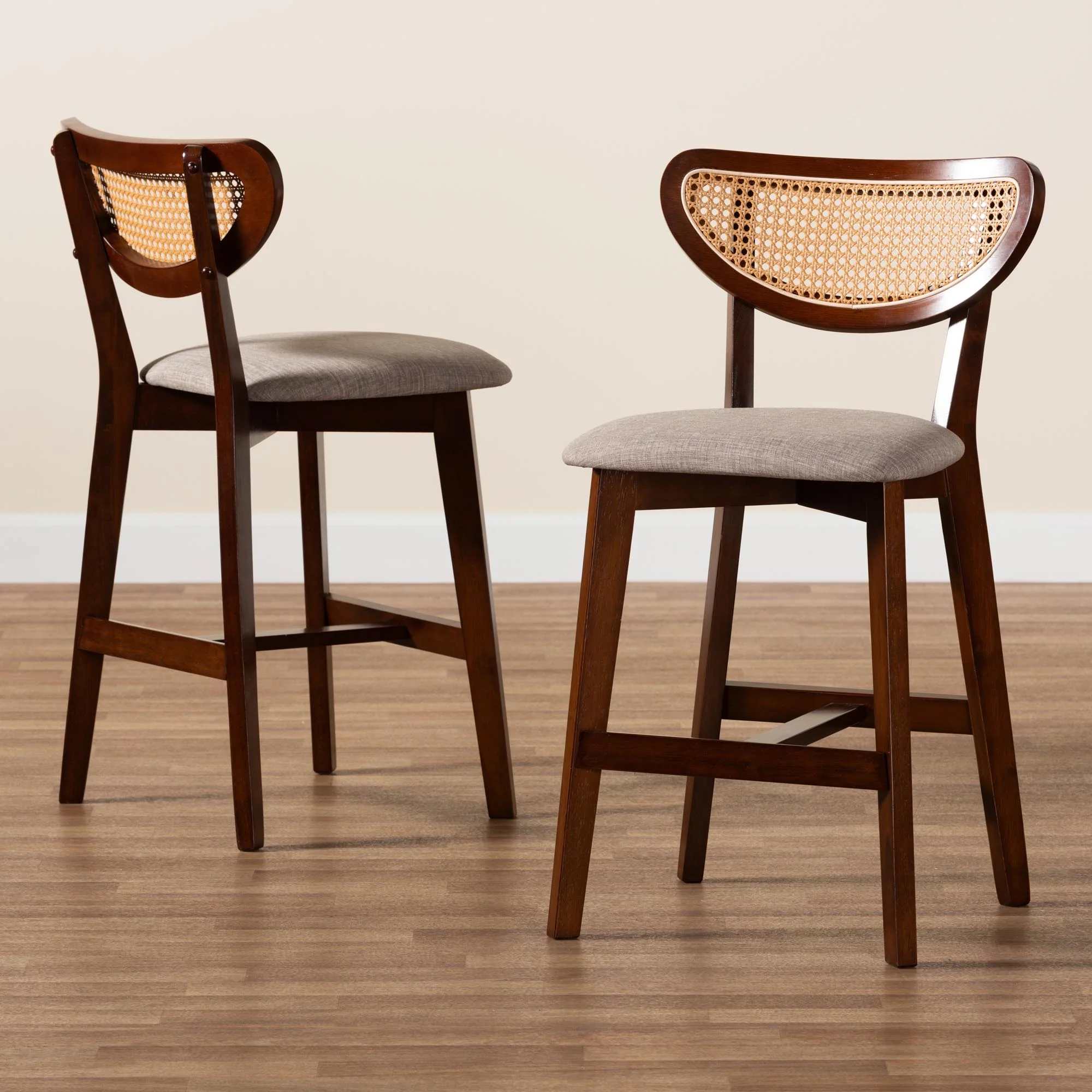 Baxton Studio Dannell Mid-Century Modern Grey Fabric and Walnut Brown Finished Wood 2-Piece Counter Stool Set - Image 9