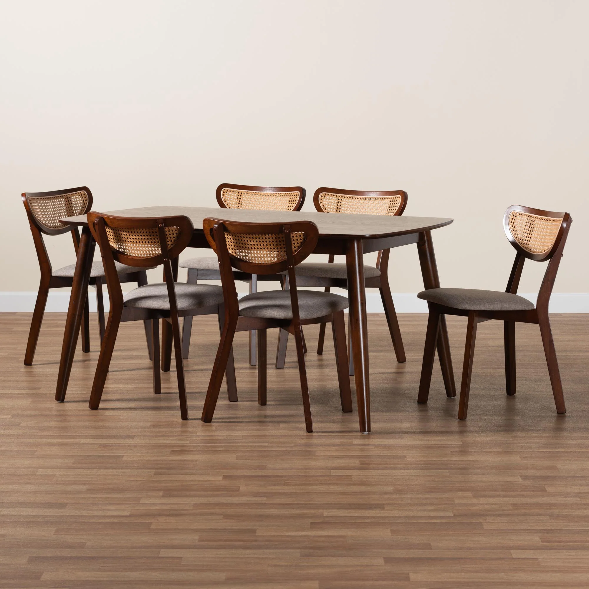 Baxton Studio Dannell Mid-Century Modern Grey Fabric and Walnut Brown Finished Wood 7-Piece Dining Set - Image 9