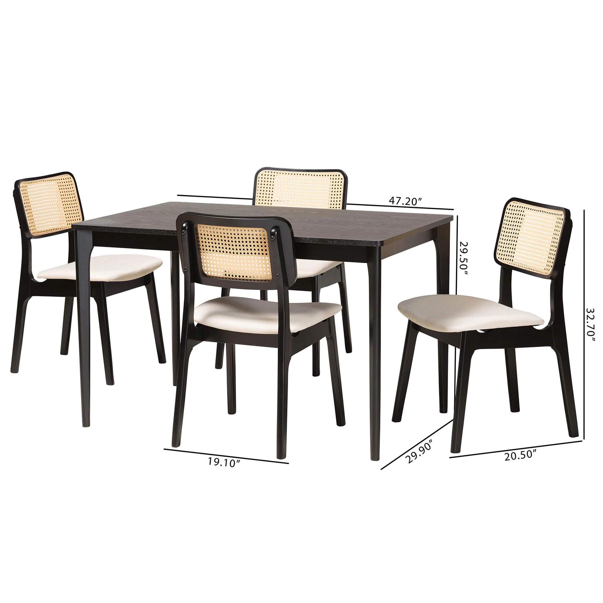 Baxton Studio Dannon Mid-Century Modern Cream Fabric and Black Finished Wood 5-Piece Dining Set - Image 10