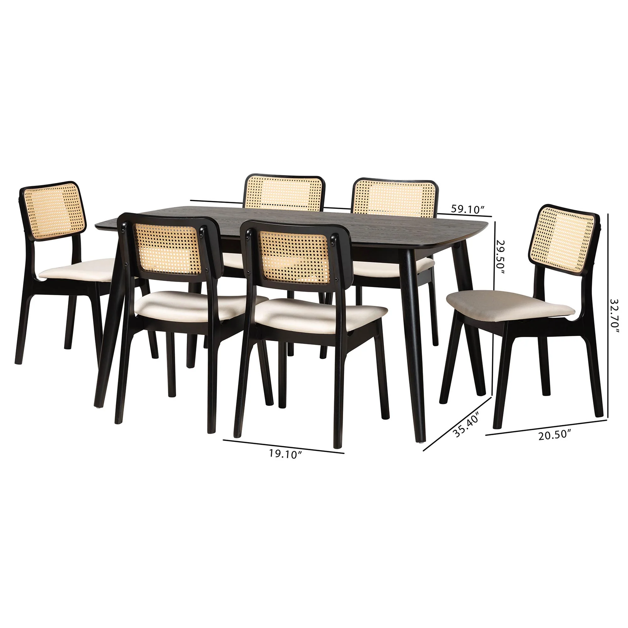 Baxton Studio Dannon Mid-Century Modern Cream Fabric and Black Finished Wood 7-Piece Dining Set - Image 10