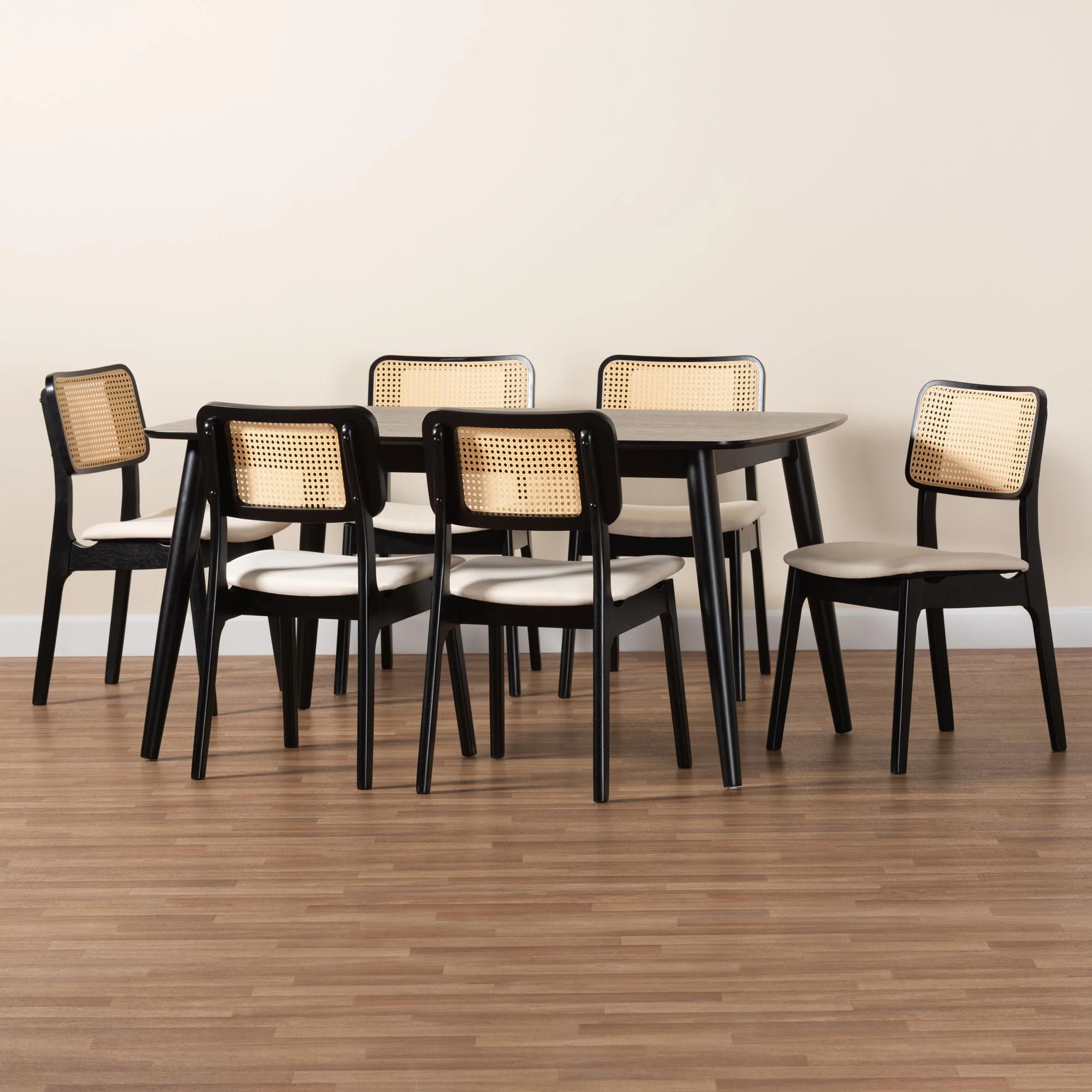 Baxton Studio Dannon Mid-Century Modern Cream Fabric and Black Finished Wood 7-Piece Dining Set - Image 9
