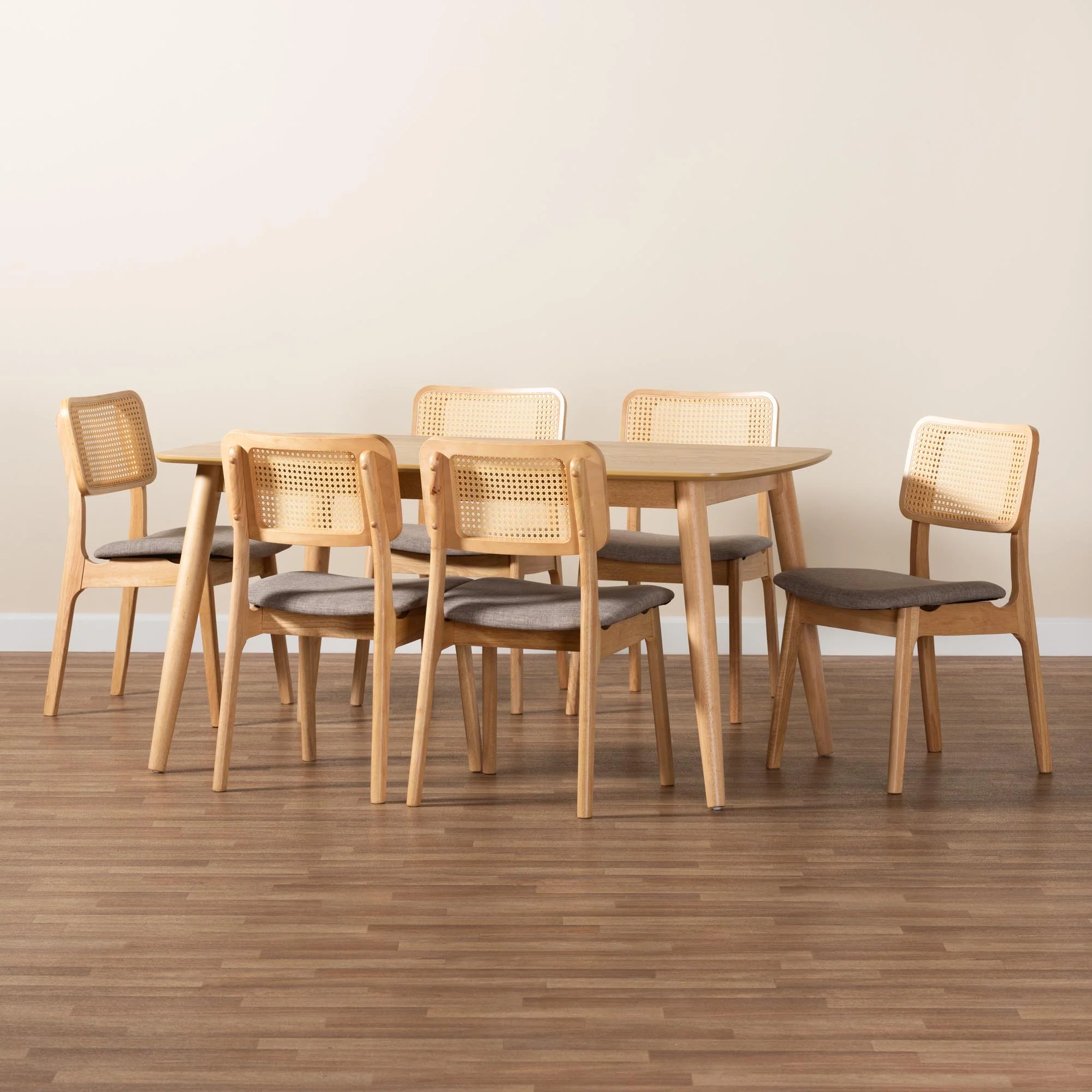 Baxton Studio Dannon Mid-Century Modern Grey Fabric and Natural Oak Finished Wood 7-Piece Dining Set - Image 9