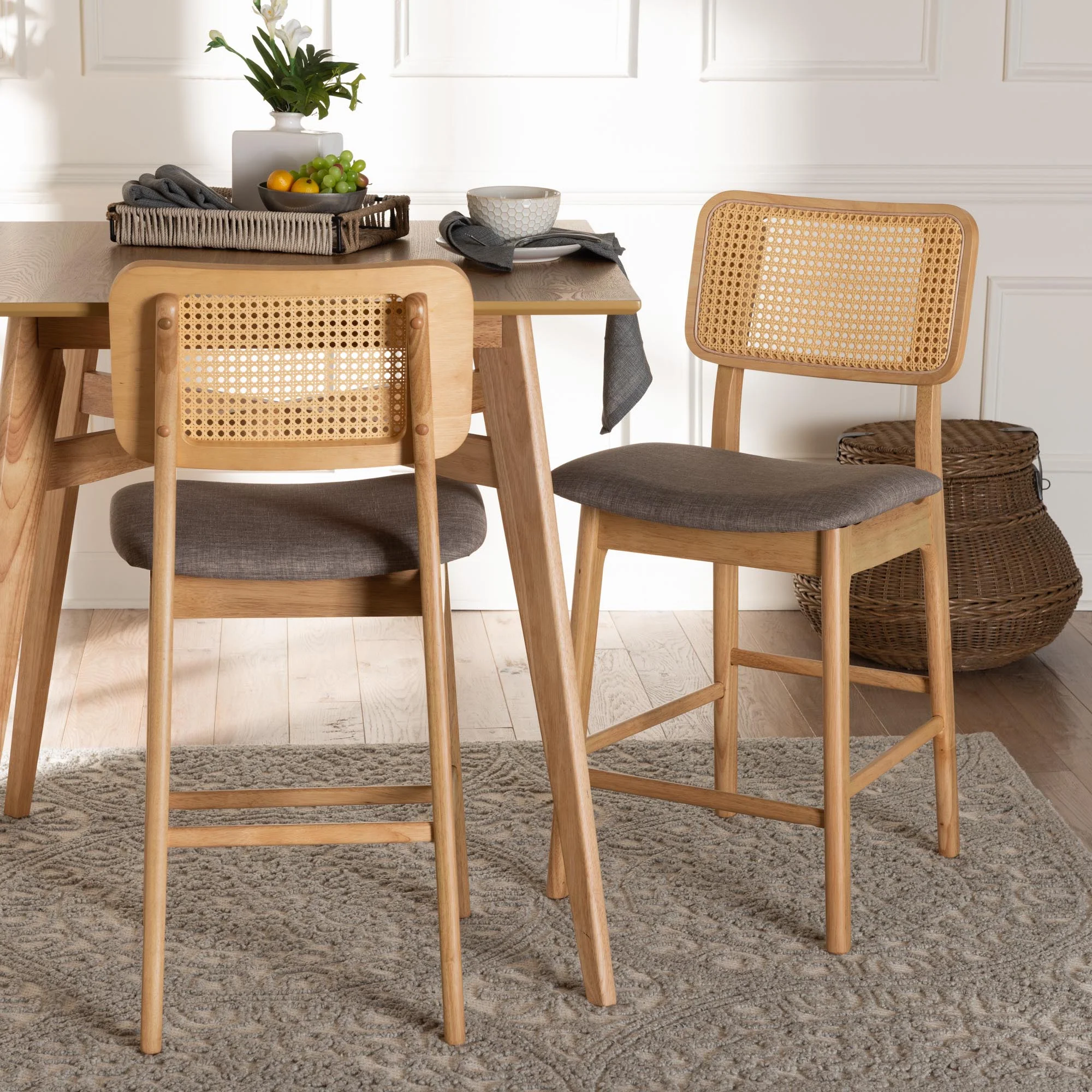 Baxton Studio Dannon Mid-Century Modern Grey Fabric and Walnut Brown Finished Wood 2-Piece Counter Stool Set - Image 10