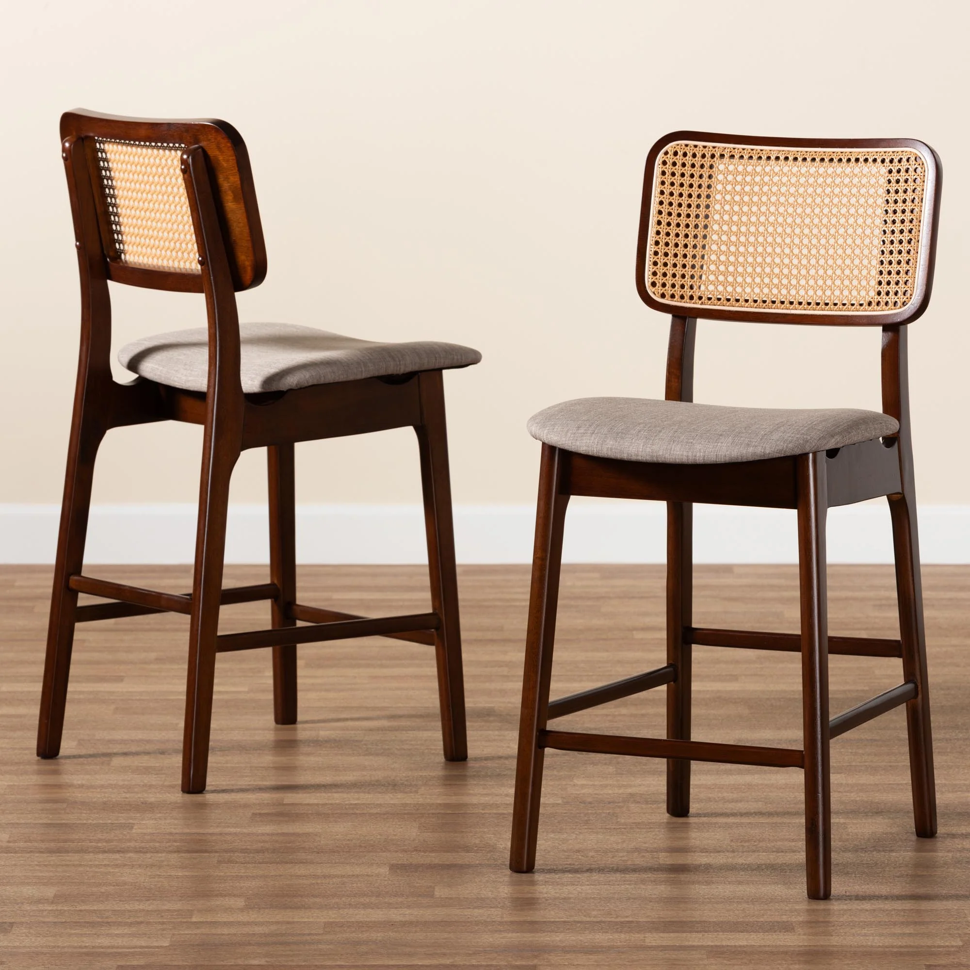 Baxton Studio Dannon Mid-Century Modern Grey Fabric and Walnut Brown Finished Wood 2-Piece Counter Stool Set - Image 9