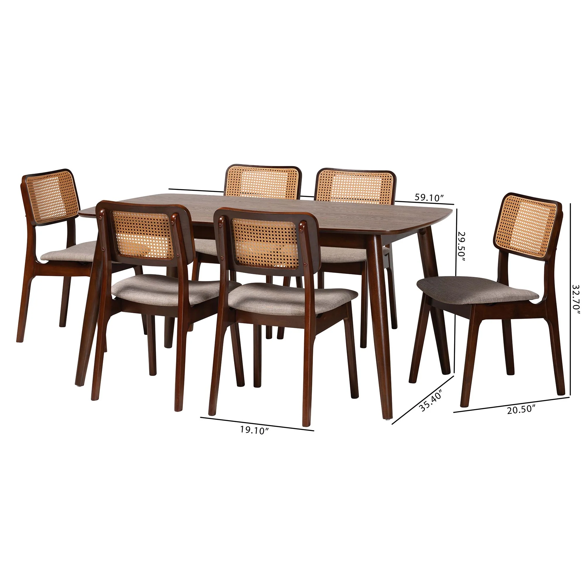 Baxton Studio Dannon Mid-Century Modern Grey Fabric and Walnut Brown Finished Wood 7-Piece Dining Set - Image 10