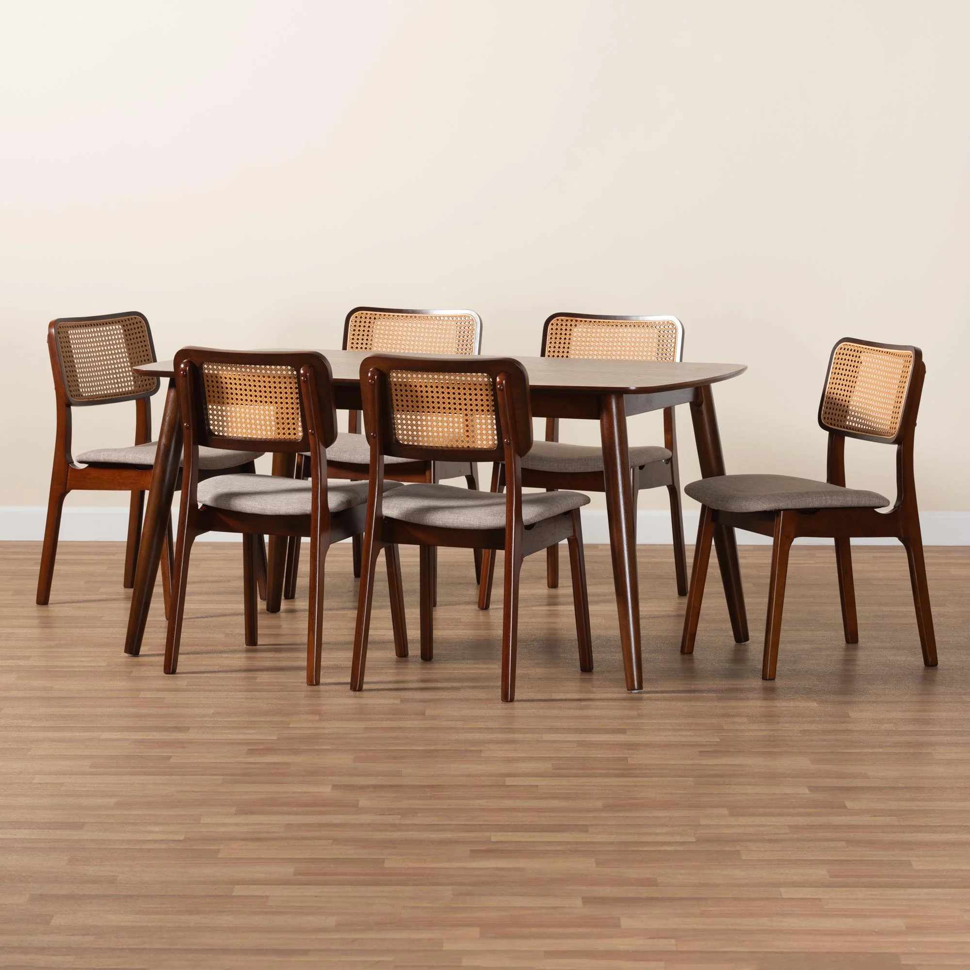 Baxton Studio Dannon Mid-Century Modern Grey Fabric and Walnut Brown Finished Wood 7-Piece Dining Set - Image 9