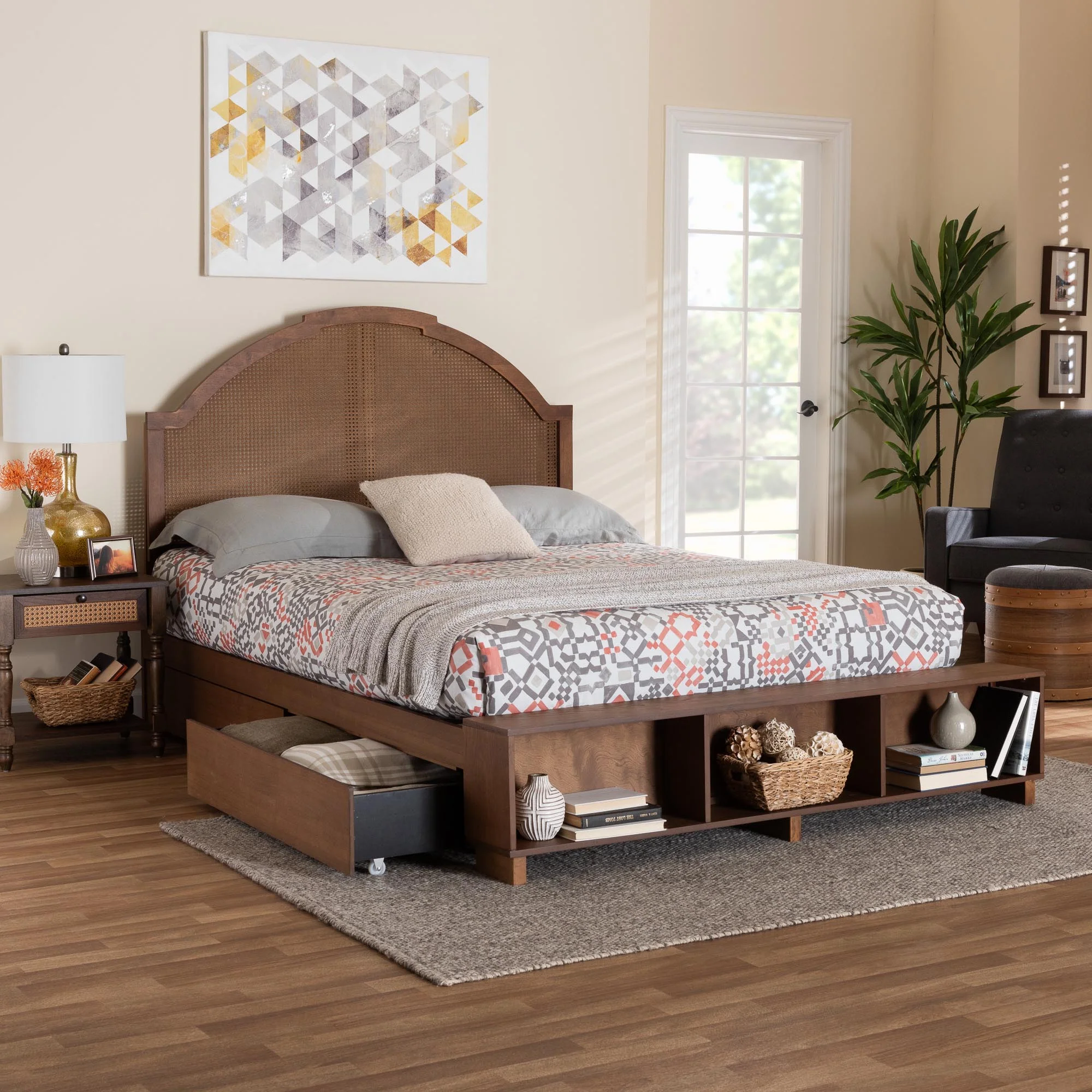 Baxton Studio Darcila Mid-Century Walnut Brown Wood and Rattan King Size Storage Bed - Image 4