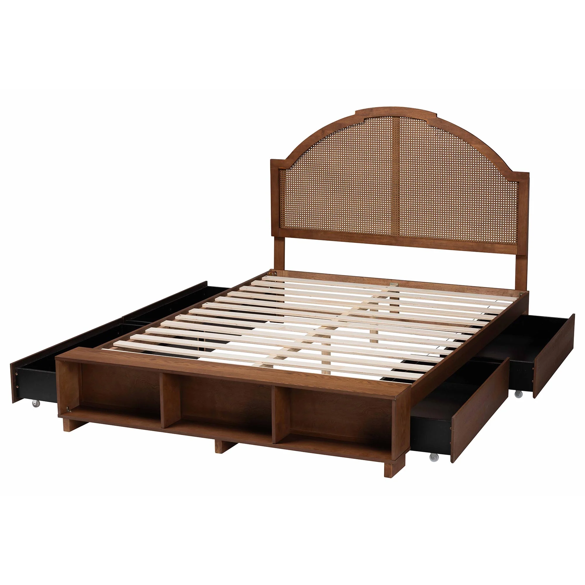 Baxton Studio Darcila Mid-Century Walnut Brown Wood and Rattan King Size Storage Bed - Image 9