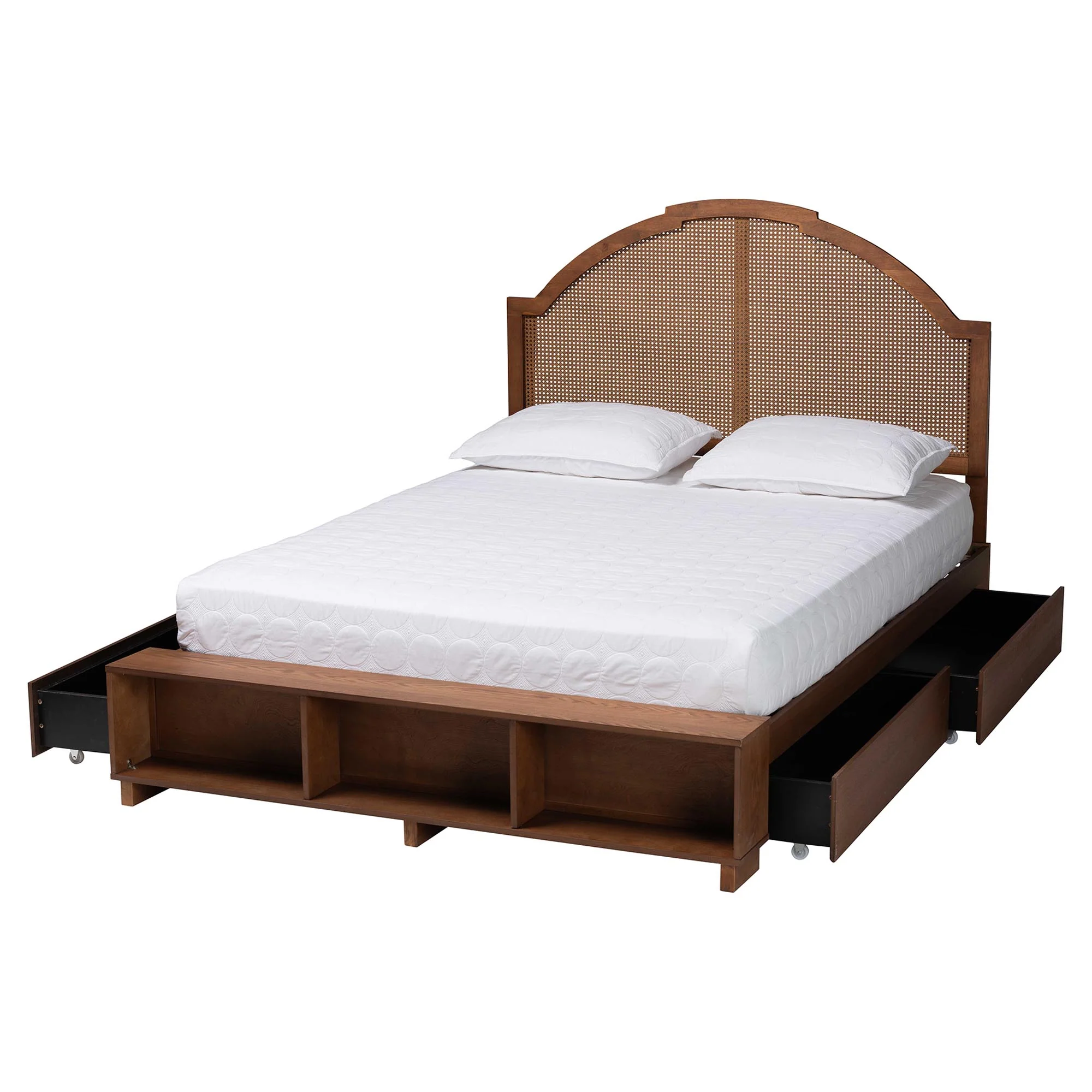 Baxton Studio Darcila Mid-Century Walnut Brown Wood and Rattan Queen Size Storage Bed - Image 6