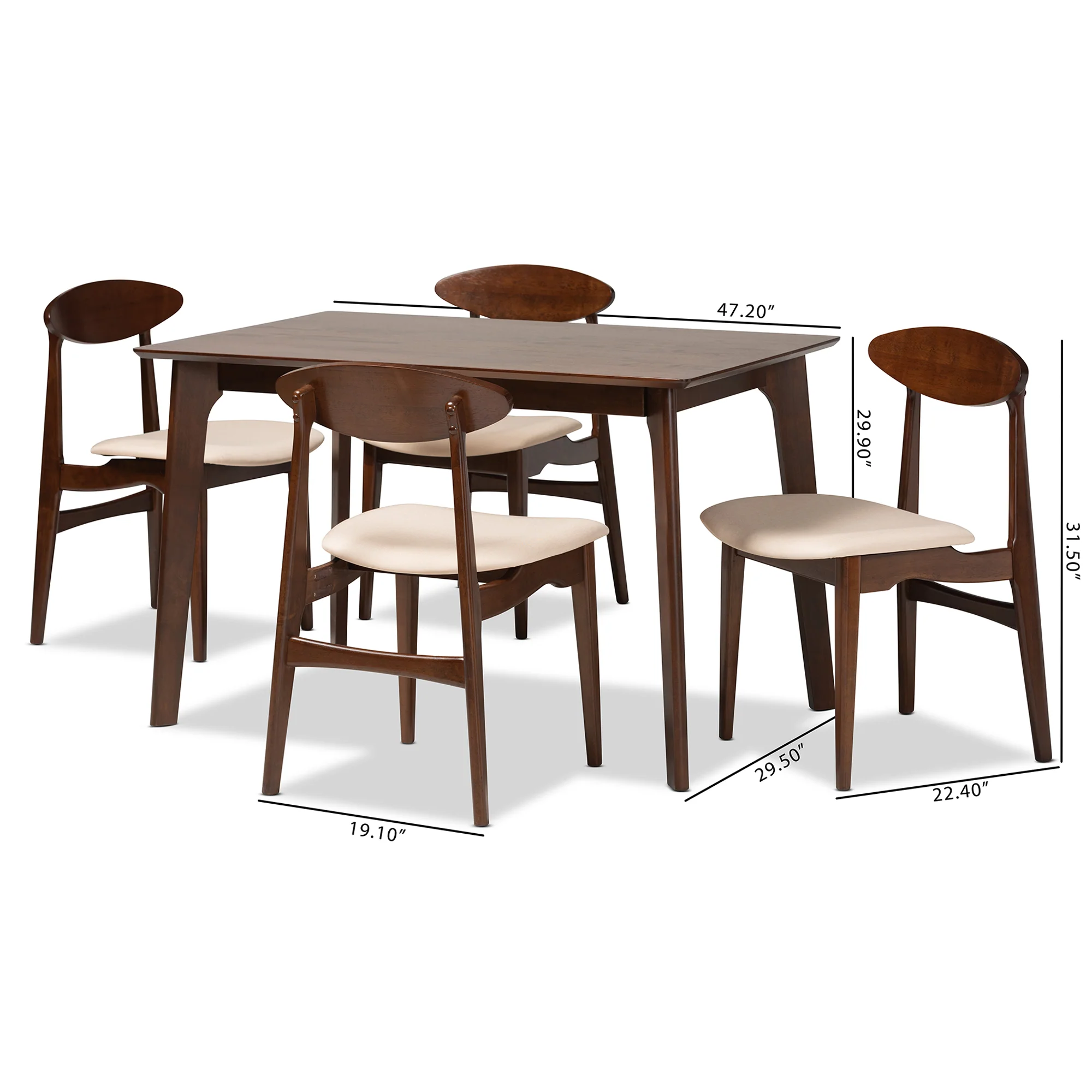 Baxton Studio Daria Mid-Century Modern Cream Fabric and Dark Brown Finished Wood 5-Piece Dining Set - Image 10