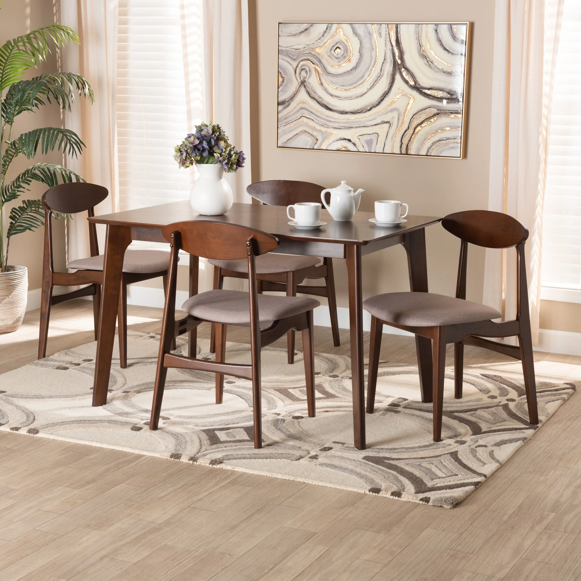 Baxton Studio Daria Mid-Century Modern Cream Fabric and Dark Brown Finished Wood 5-Piece Dining Set - Image 11