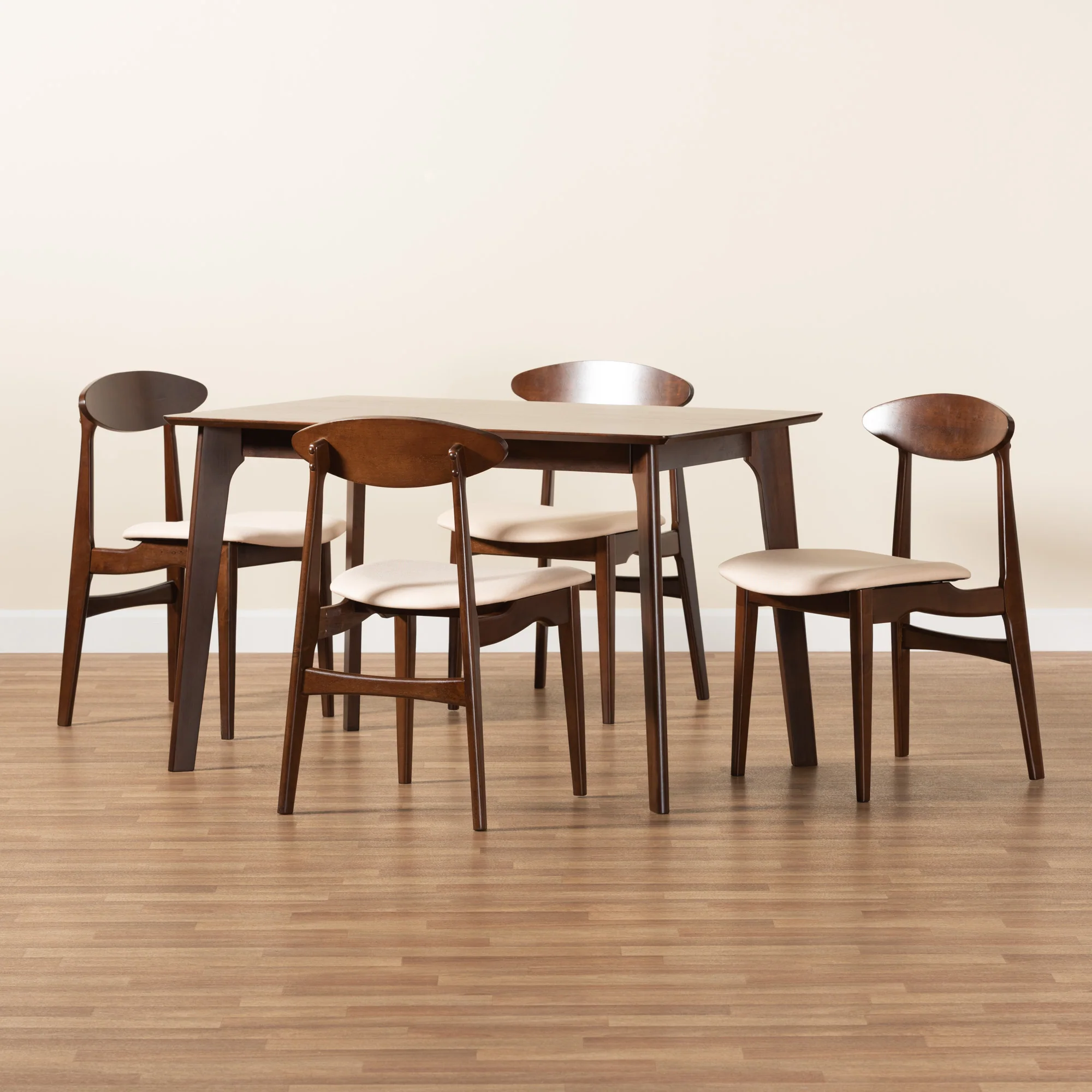 Baxton Studio Daria Mid-Century Modern Cream Fabric and Dark Brown Finished Wood 5-Piece Dining Set - Image 9