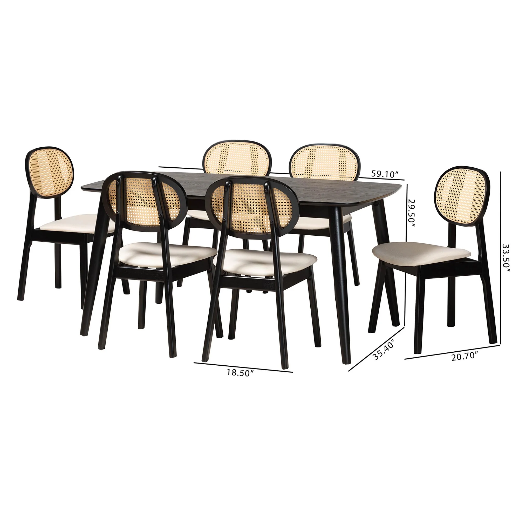 Baxton Studio Darrion Mid-Century Modern Cream Fabric and Black Finished Wood 7-Piece Dining Set - Image 3