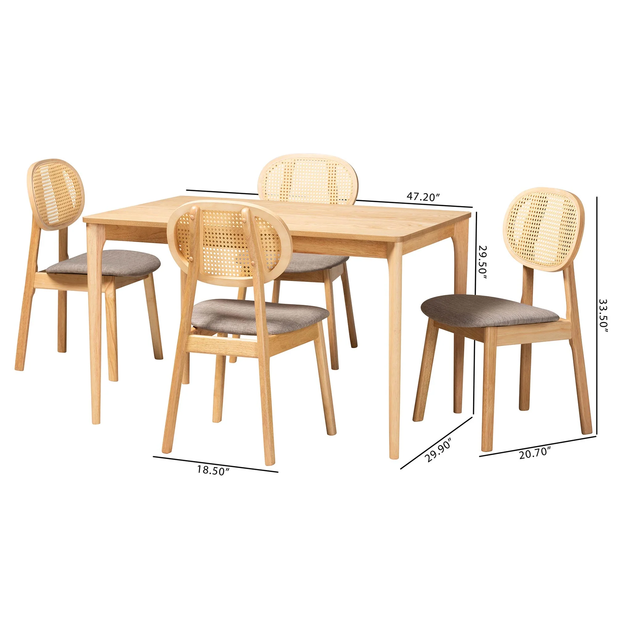 Baxton Studio Darrion Mid-Century Modern Grey Fabric and Natural Oak Finished Wood 5-Piece Dining Set - Image 3
