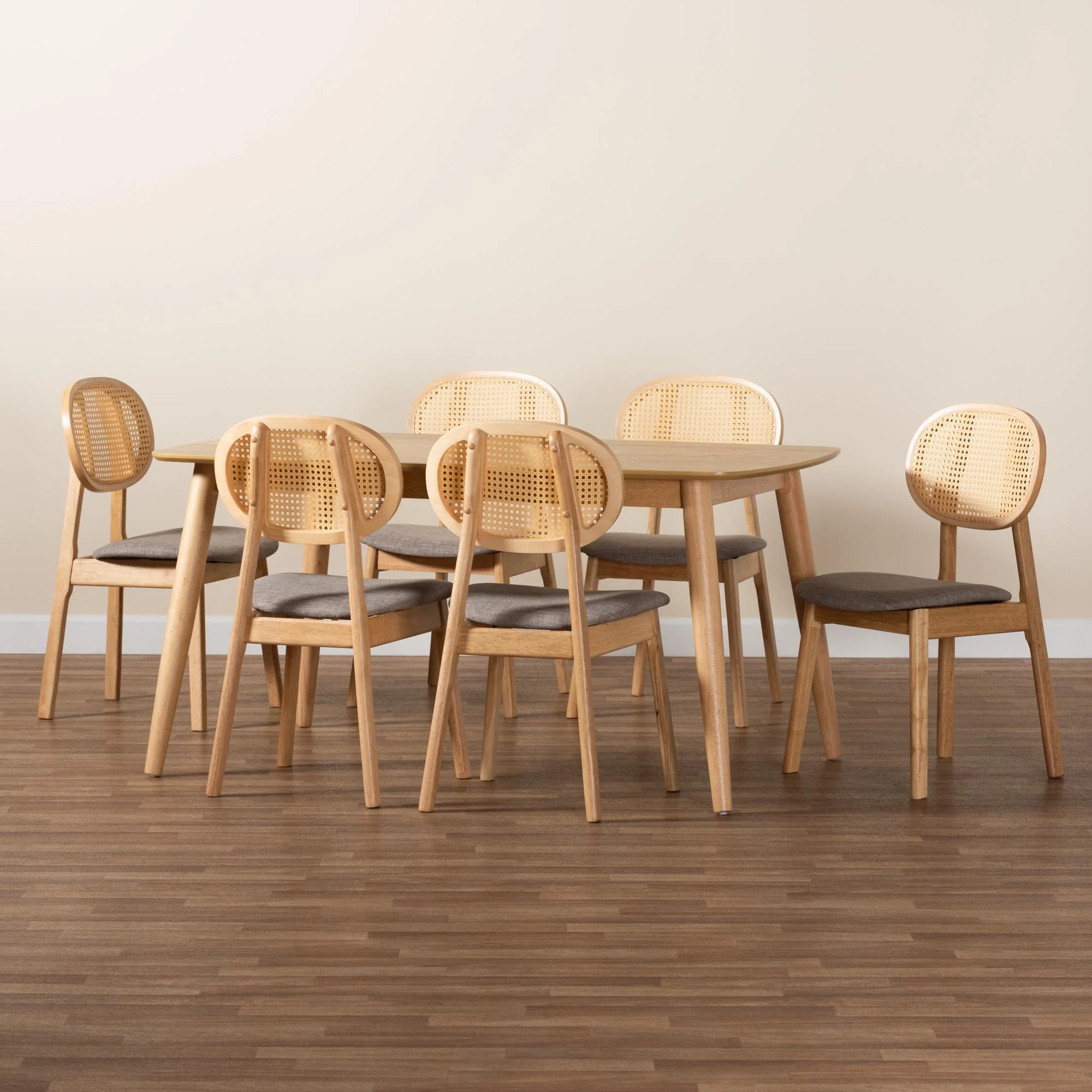 Baxton Studio Darrion Mid-Century Modern Grey Fabric and Natural Oak Finished Wood 7-Piece Dining Set - Image 9