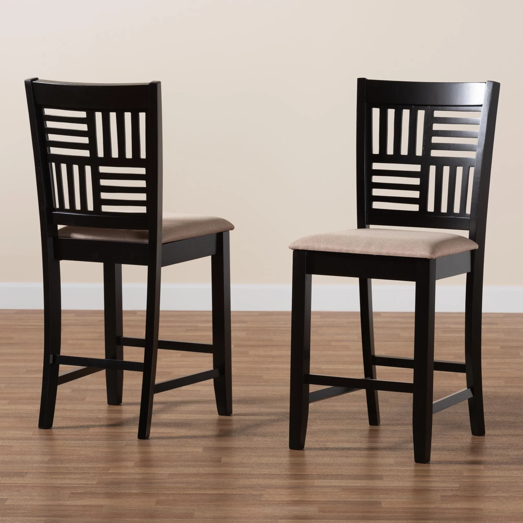 Baxton Studio Deanna Modern Beige Fabric and Dark Brown Finished Wood 2-Piece Counter Stool Set - Image 9