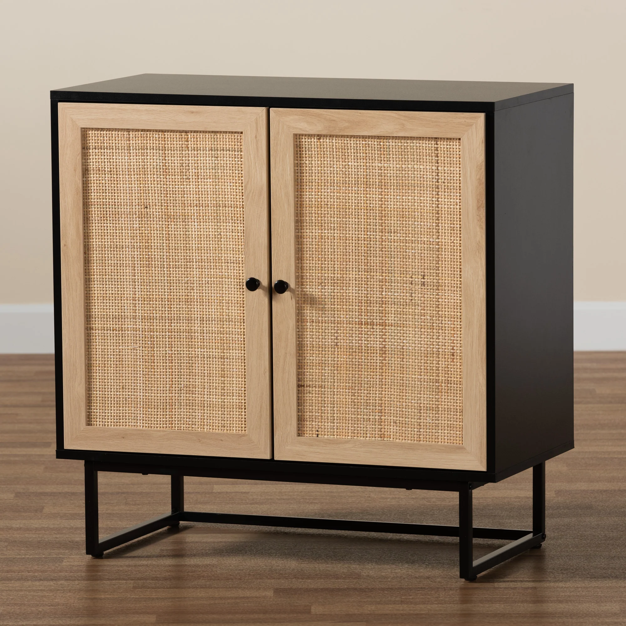 Baxton Studio Declan Mid-Century Modern Espresso Brown Finished Wood and Natural Rattan 2-Door Storage Cabinet - Image 9