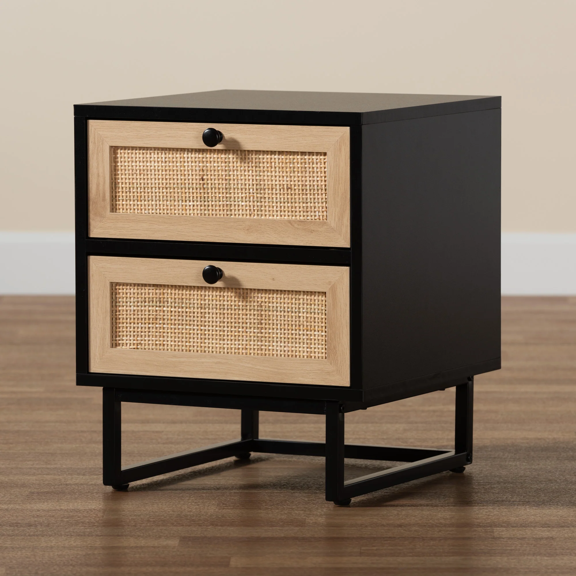 Baxton Studio Declan Mid-Century Modern Espresso Brown Finished Wood and Natural Rattan 2-Drawer End Table - Image 2