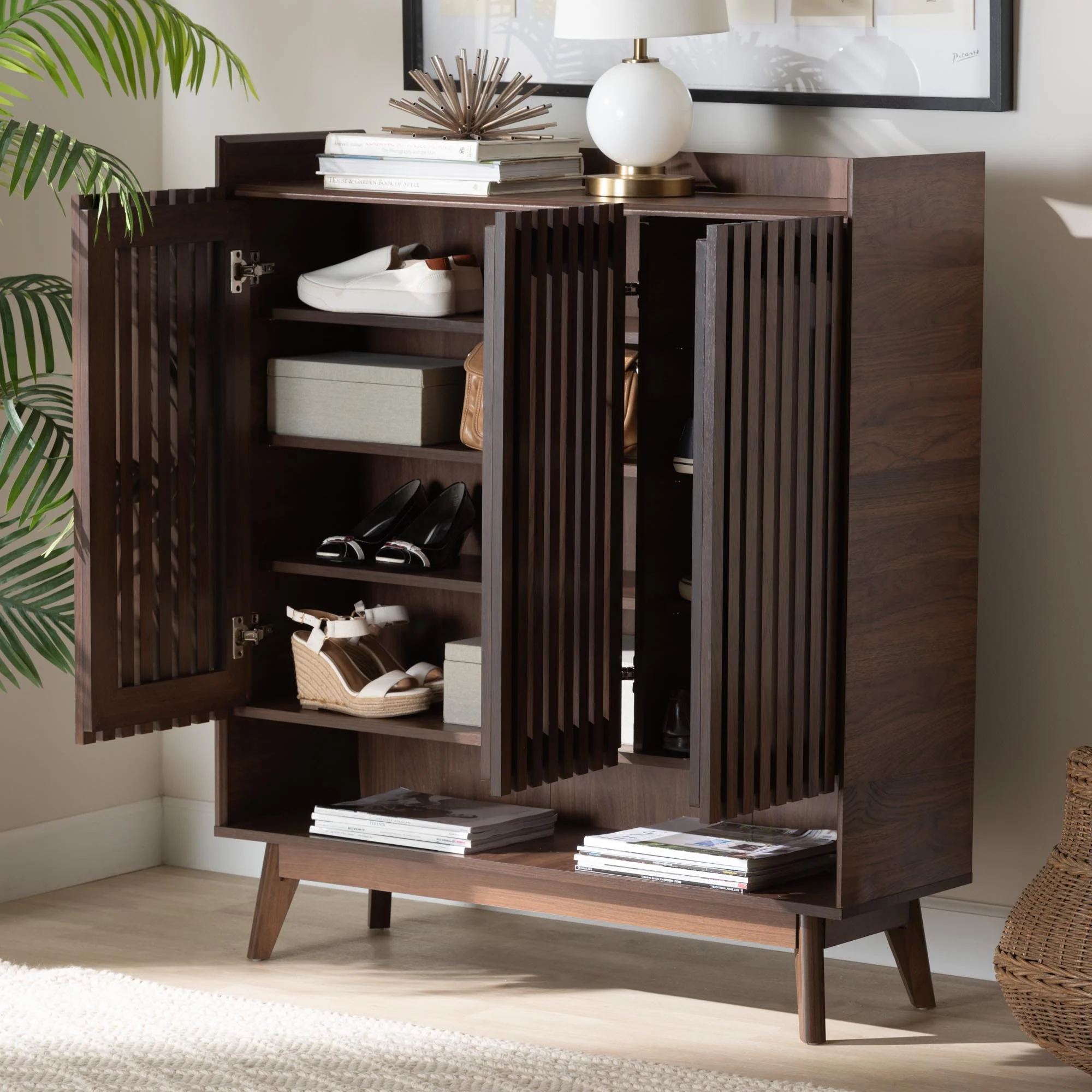 Baxton Studio Delaire Mid-Century Modern Walnut Brown Finished Wood Shoe Cabinet - Image 9
