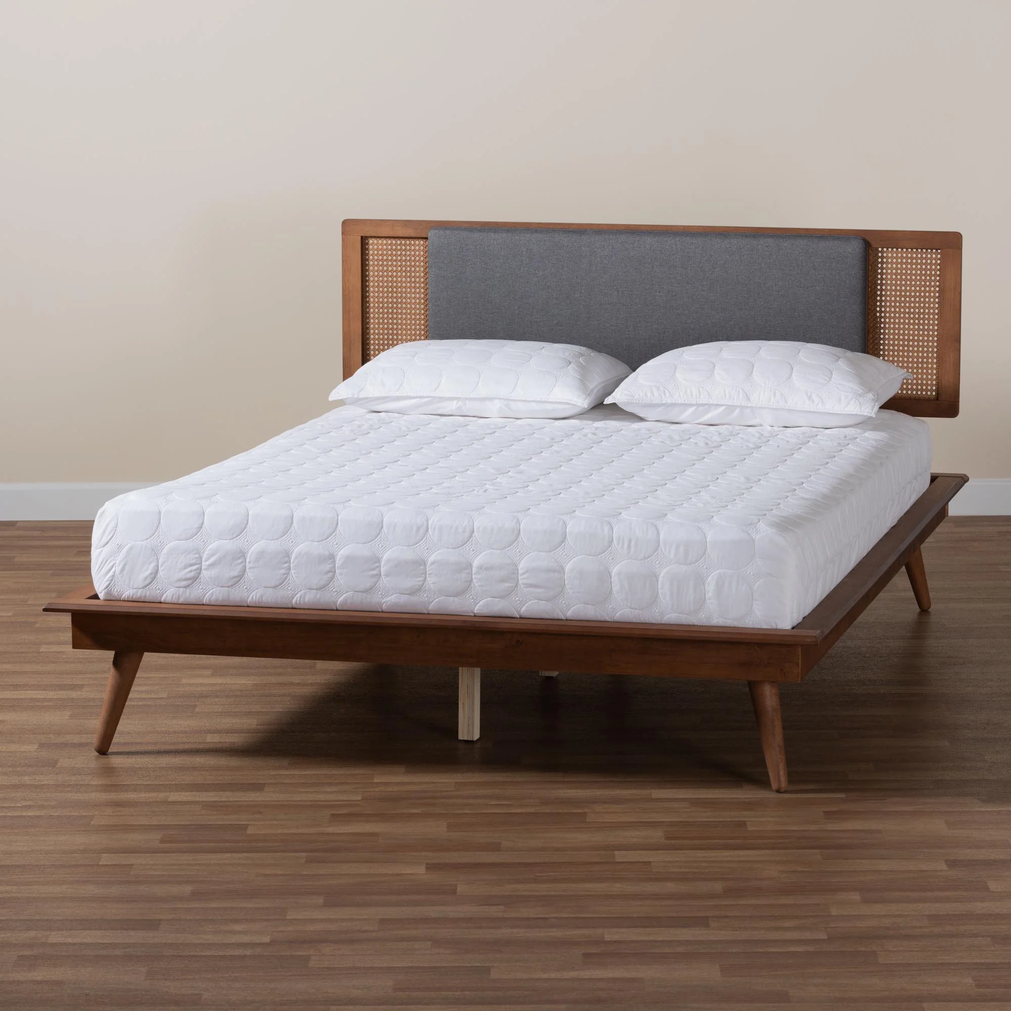 Baxton Studio Delfina Mid-Century Modern Dark Grey Fabric and Walnut Brown Finished Wood Full Size Platform Bed - Image 2