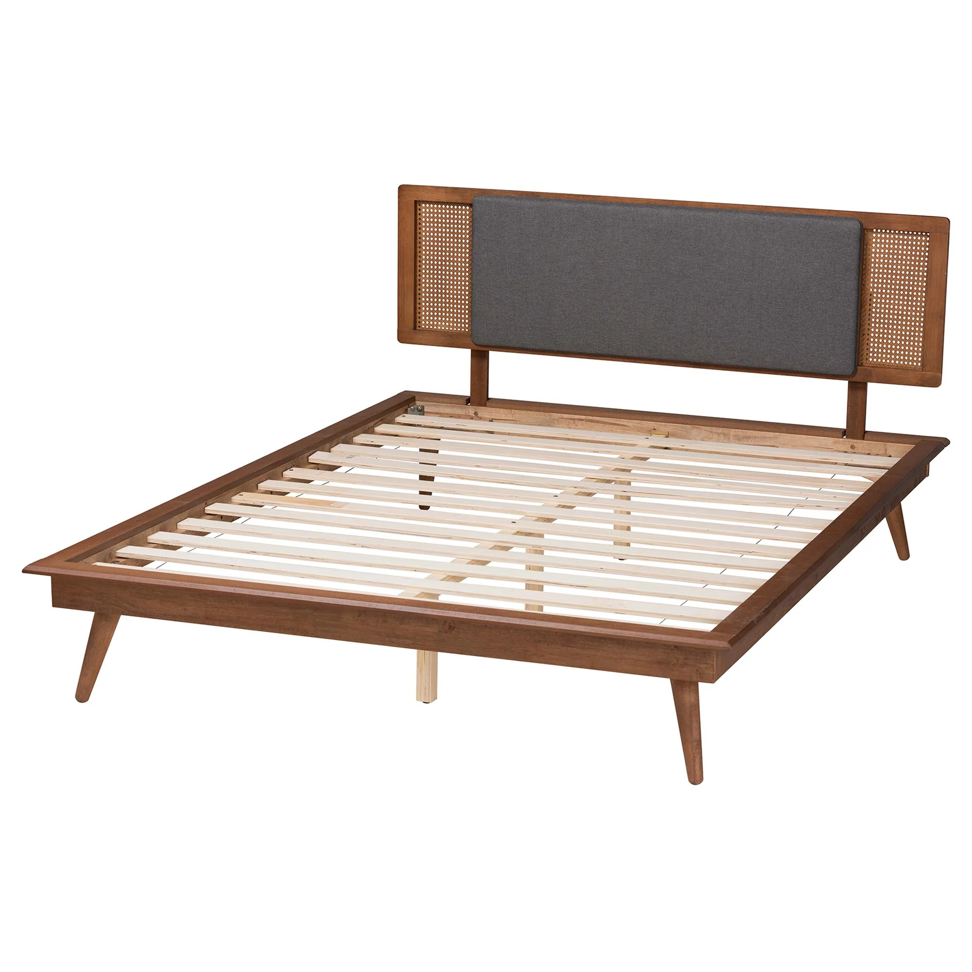 Baxton Studio Delfina Mid-Century Modern Dark Grey Fabric and Walnut Brown Finished Wood King Size Platform Bed - Image 4