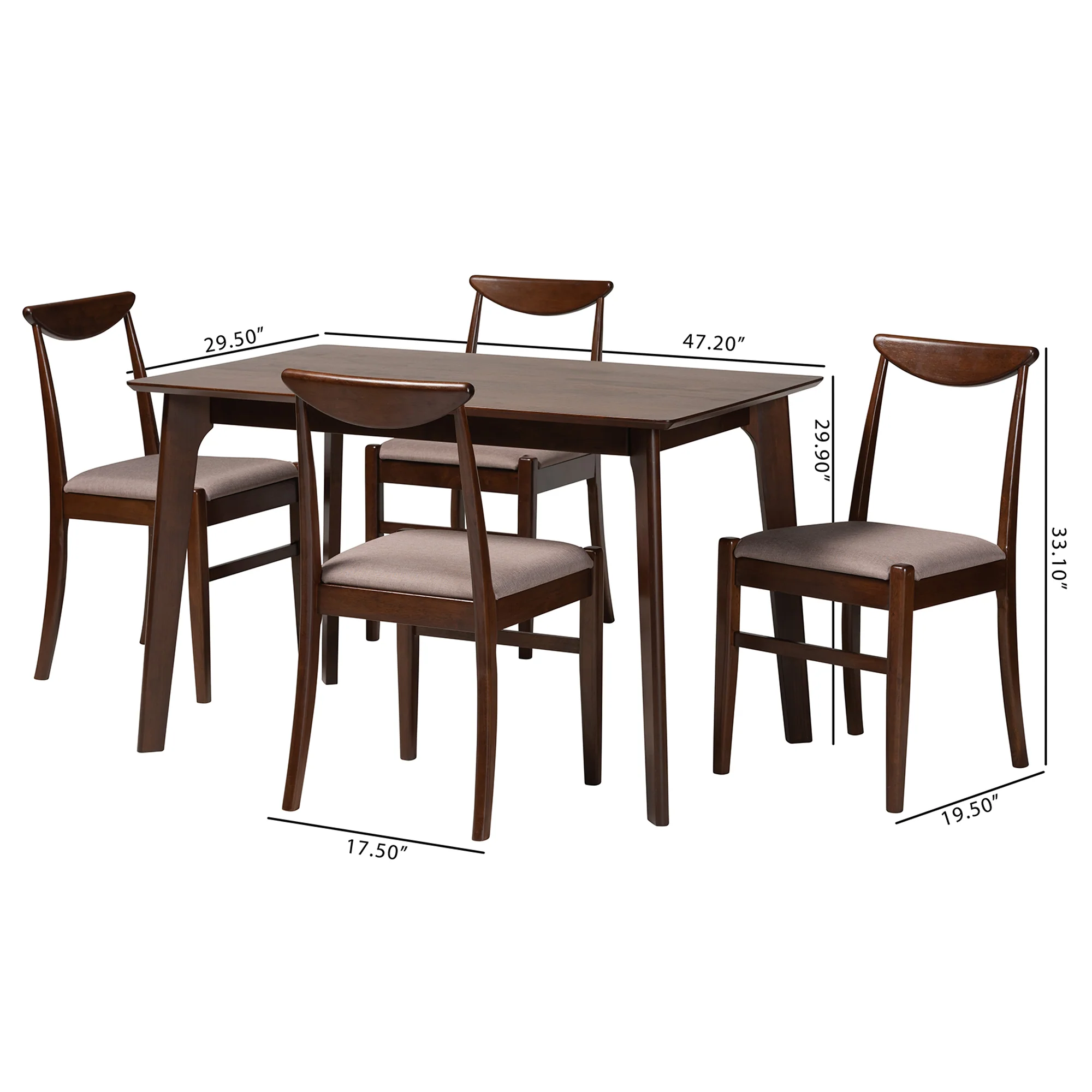 Baxton Studio Delphina Mid-Century Modern Warm Grey Fabric and Dark Brown Finished Wood 5-Piece Dining Set - Image 3