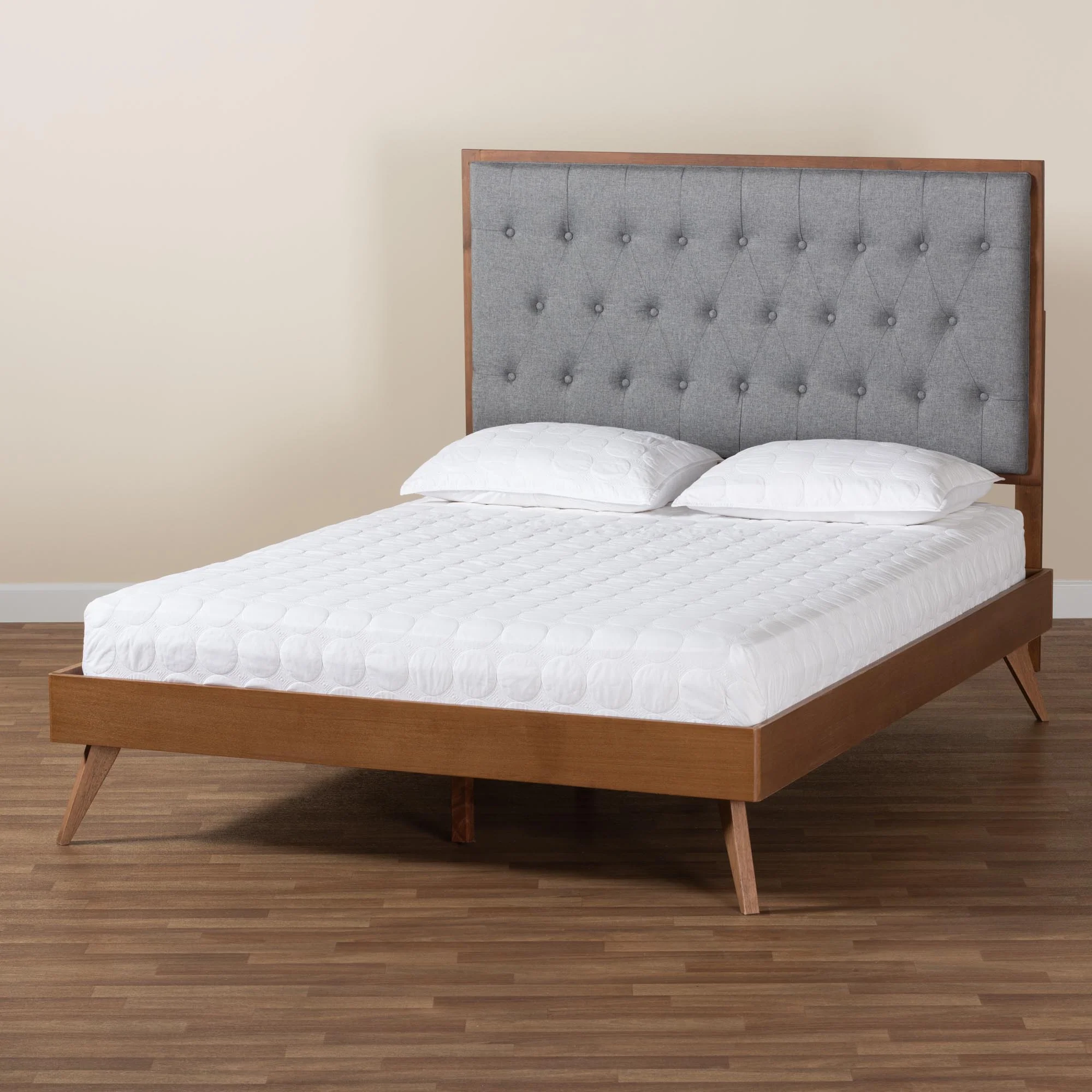 Baxton Studio Dericia Classic and Traditional Grey Fabric and Walnut Brown Finished Wood Queen Size Platform Bed - Image 10