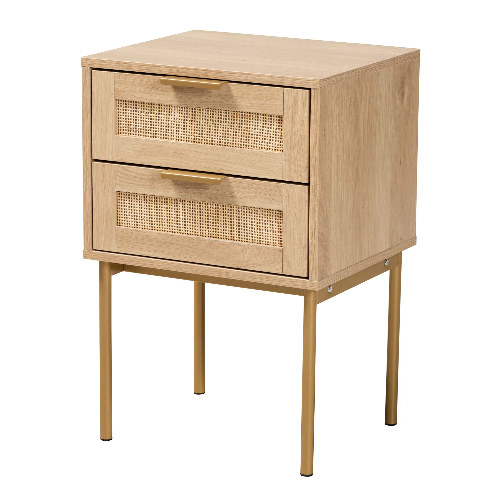 Baxton Studio Dewitt Japandi Light Brown Finished Wood and Gold Metal 2-Drawer End Table - Image 2