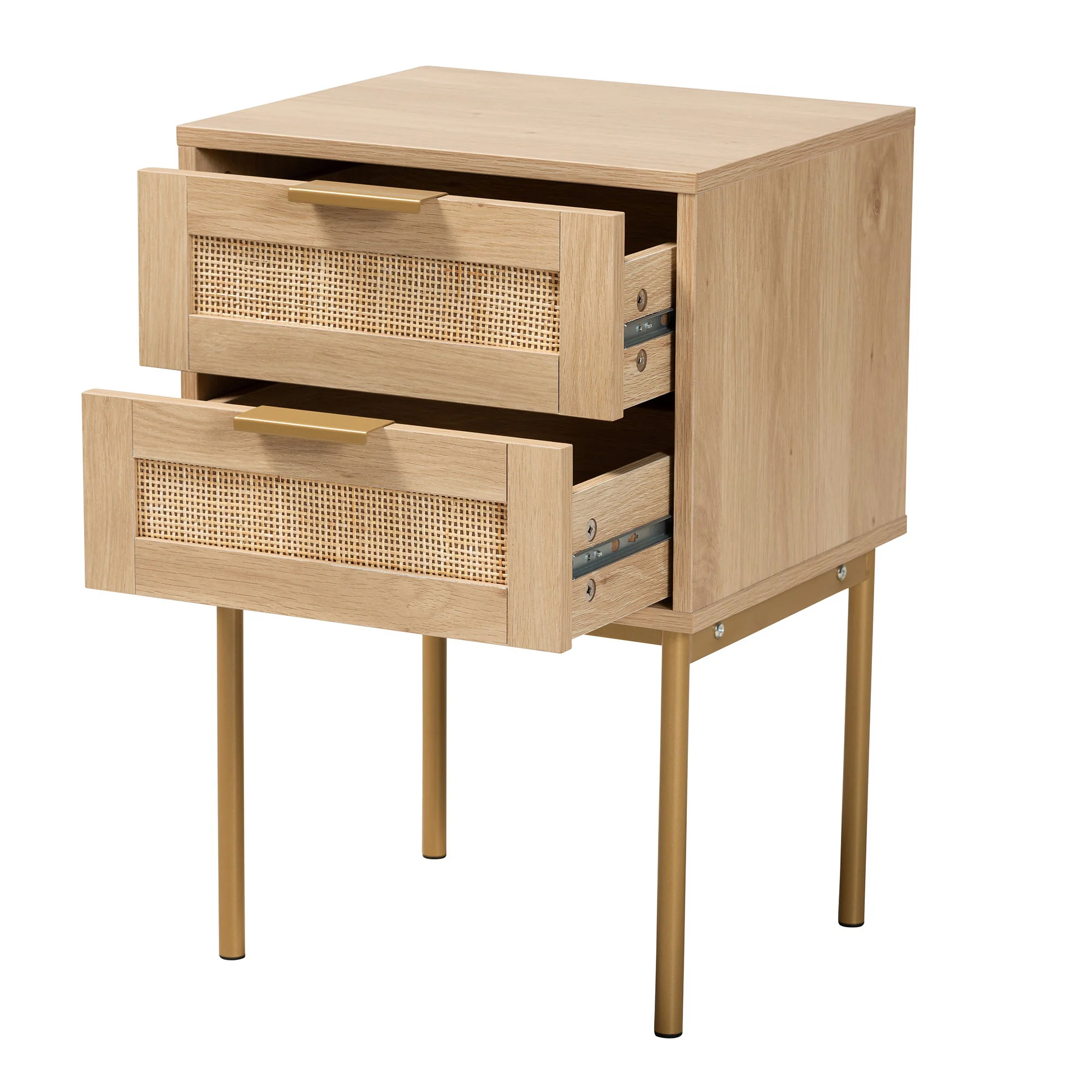 Baxton Studio Dewitt Japandi Light Brown Finished Wood and Gold Metal 2-Drawer End Table - Image 3
