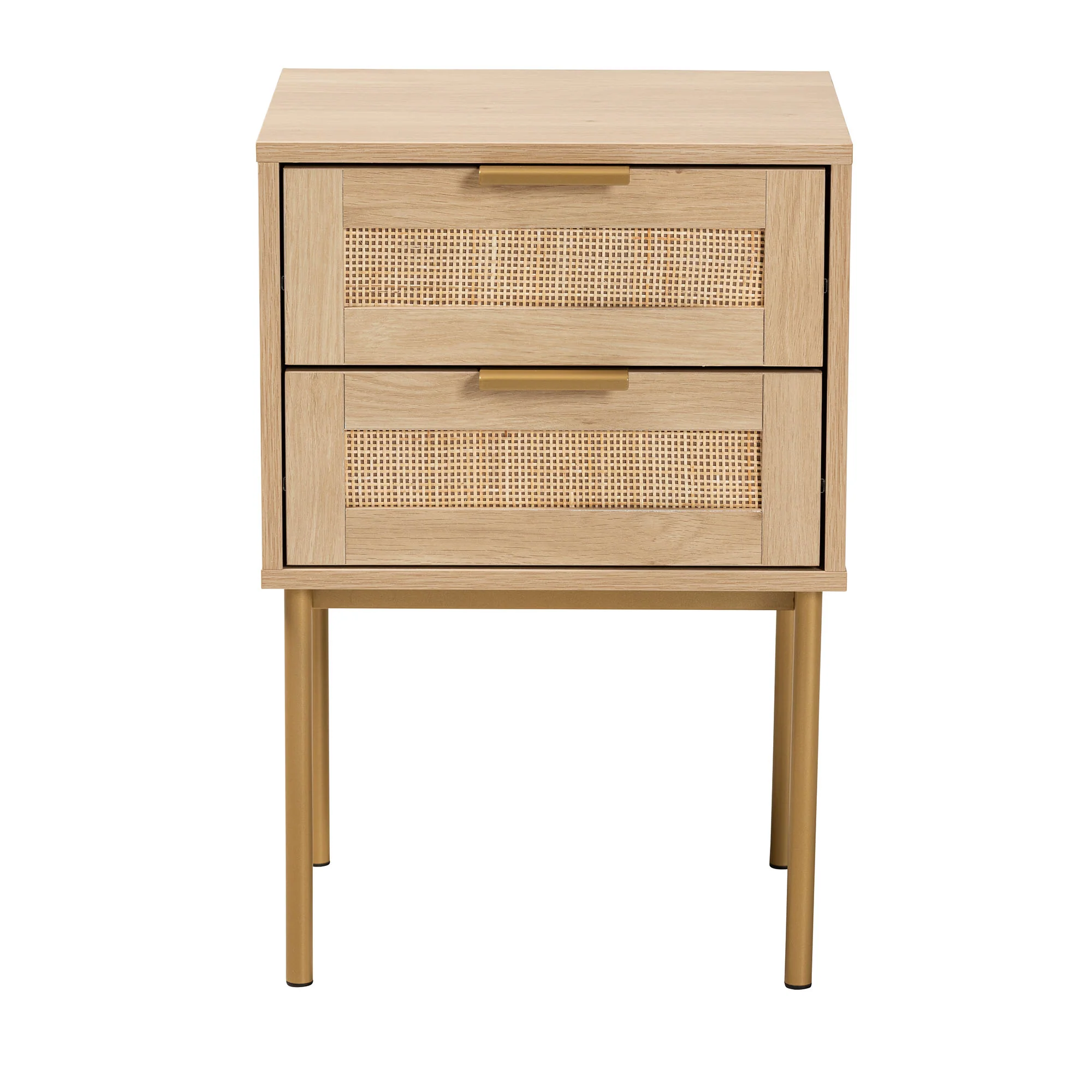 Baxton Studio Dewitt Japandi Light Brown Finished Wood and Gold Metal 2-Drawer End Table - Image 4