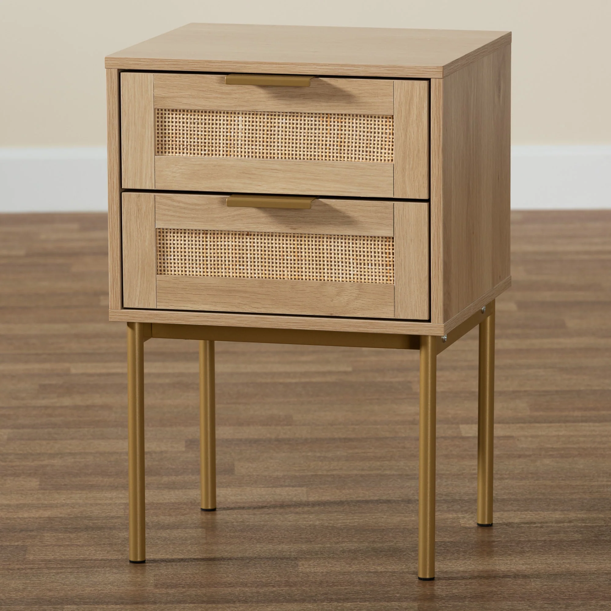 Baxton Studio Dewitt Japandi Light Brown Finished Wood and Gold Metal 2-Drawer End Table - Image 9