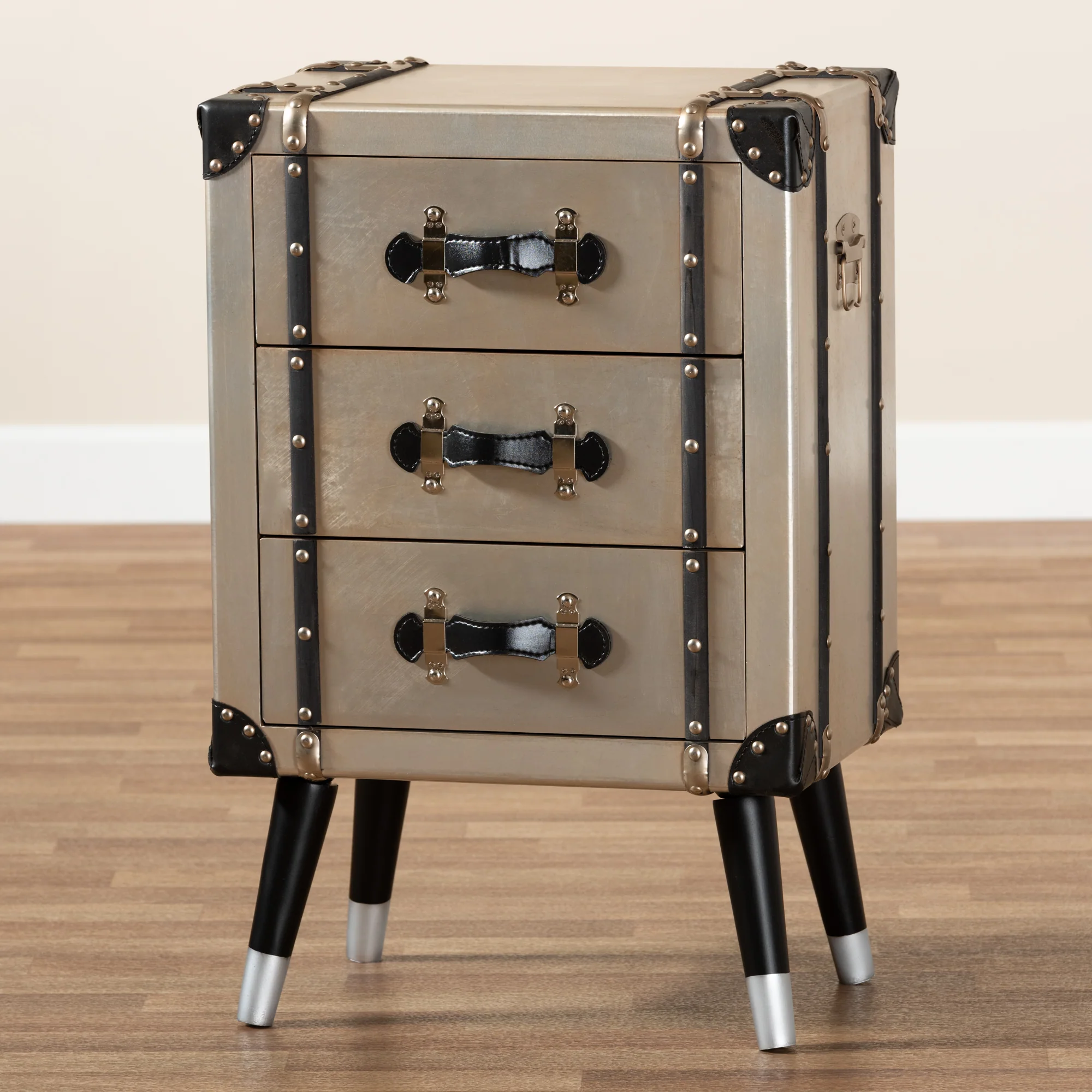 Baxton Studio Dilan Vintage Industrial Antique Silver Finished Metal Trunk Inspired 3-Drawer End Table - Image 4