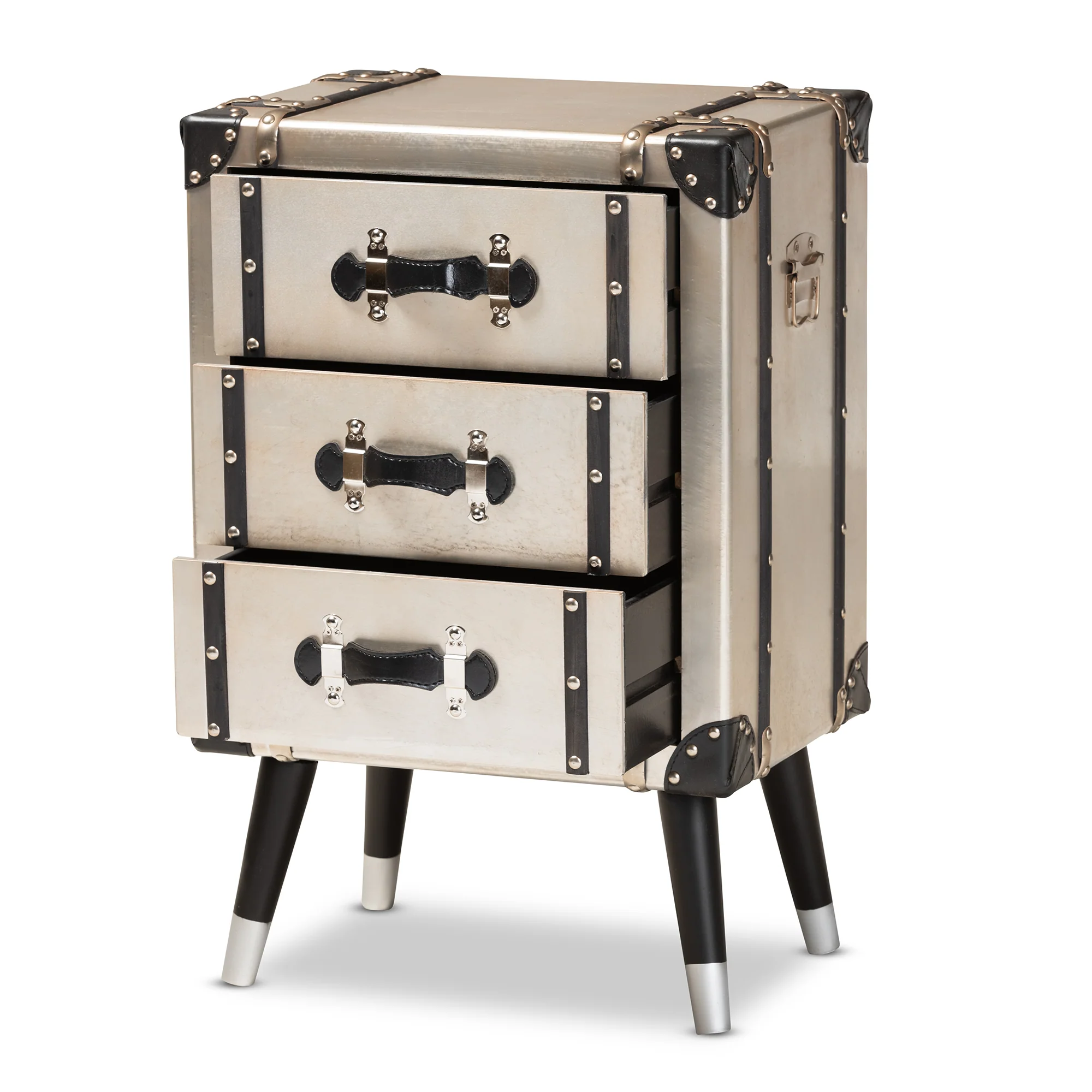 Baxton Studio Dilan Vintage Industrial Antique Silver Finished Metal Trunk Inspired 3-Drawer End Table - Image 6