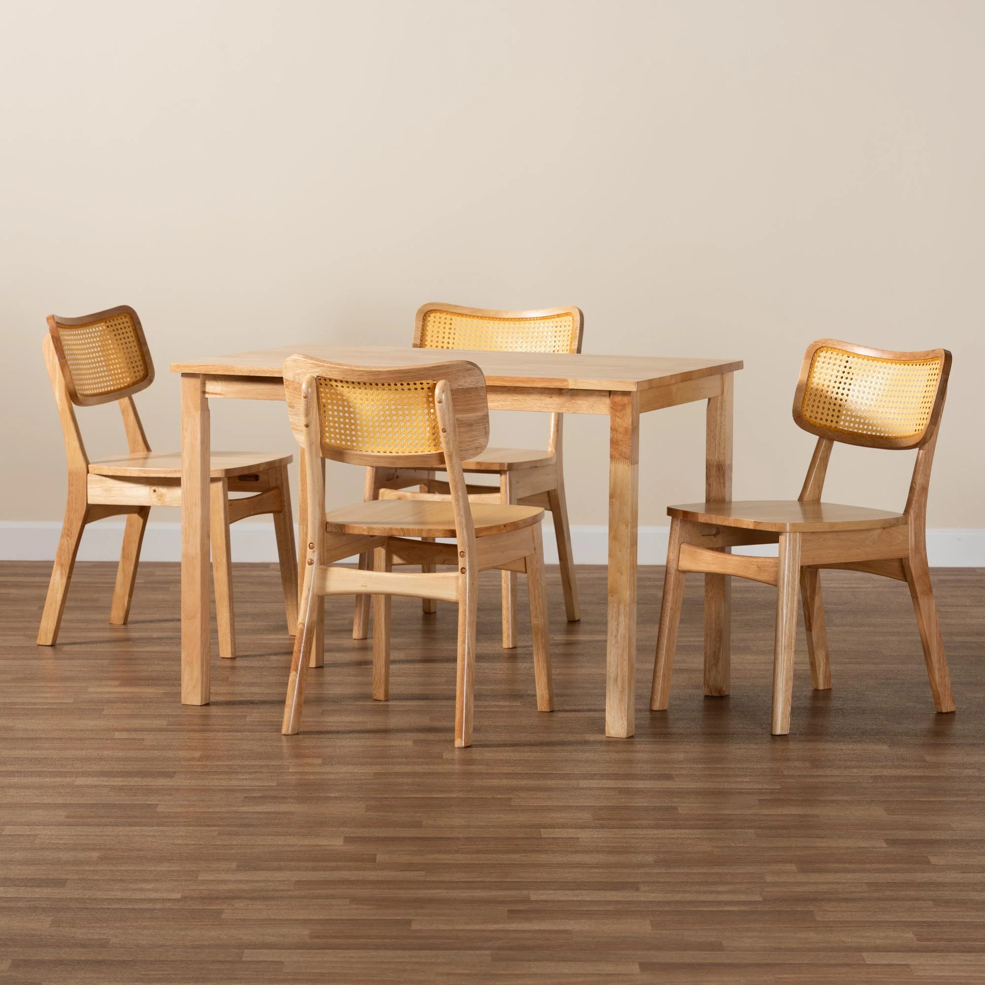 Baxton Studio Dulcet Mid-Century Modern Oak Brown Finished Wood and Rattan 5-Piece Dining Set - Image 2