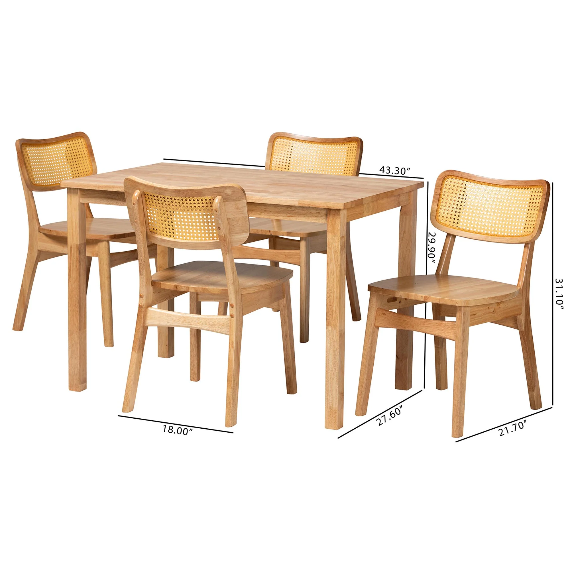 Baxton Studio Dulcet Mid-Century Modern Oak Brown Finished Wood and Rattan 5-Piece Dining Set - Image 3