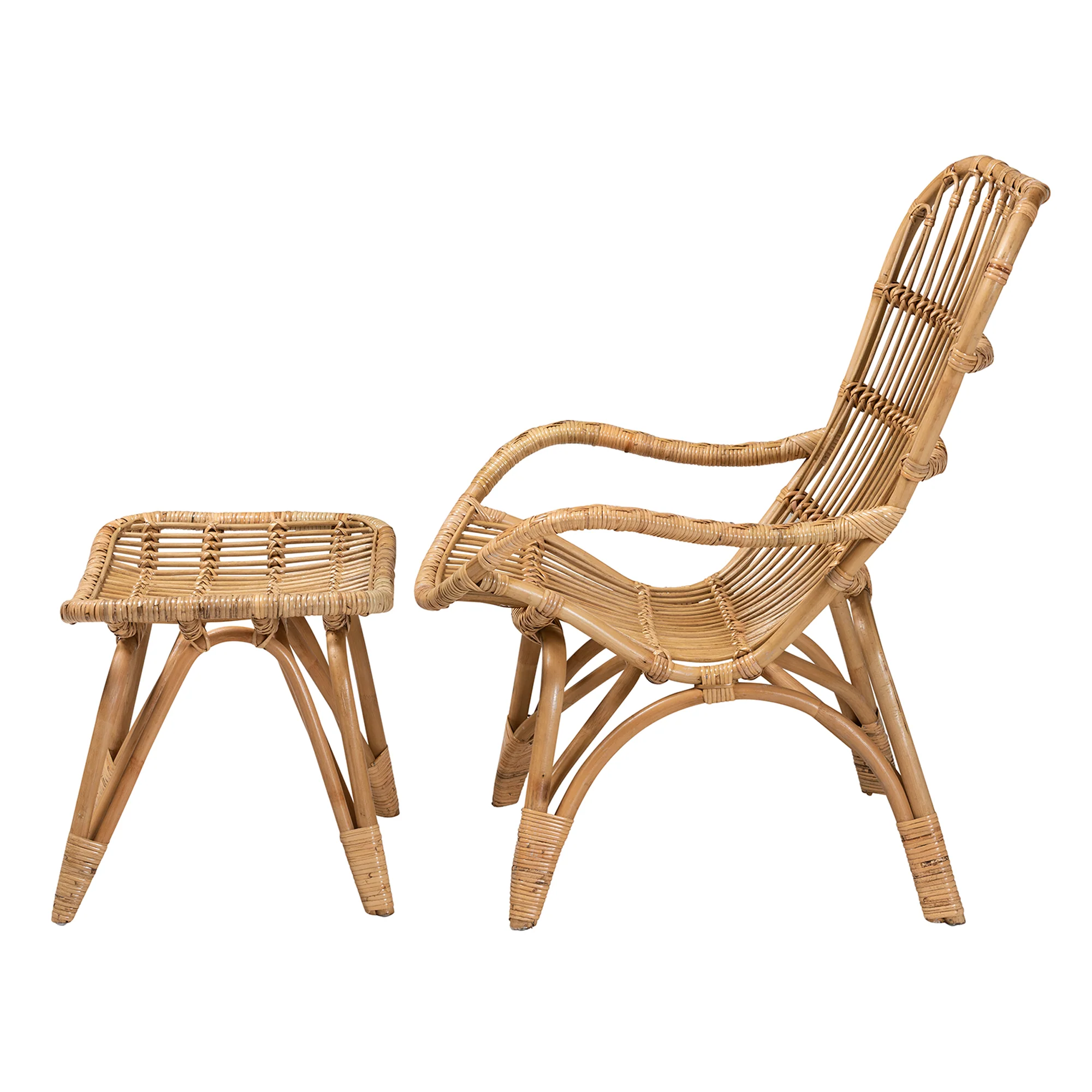Baxton Studio Earvin Modern Bohemian Natural Brown Rattan 2-Piece Armchair and Footstool Set - Image 4