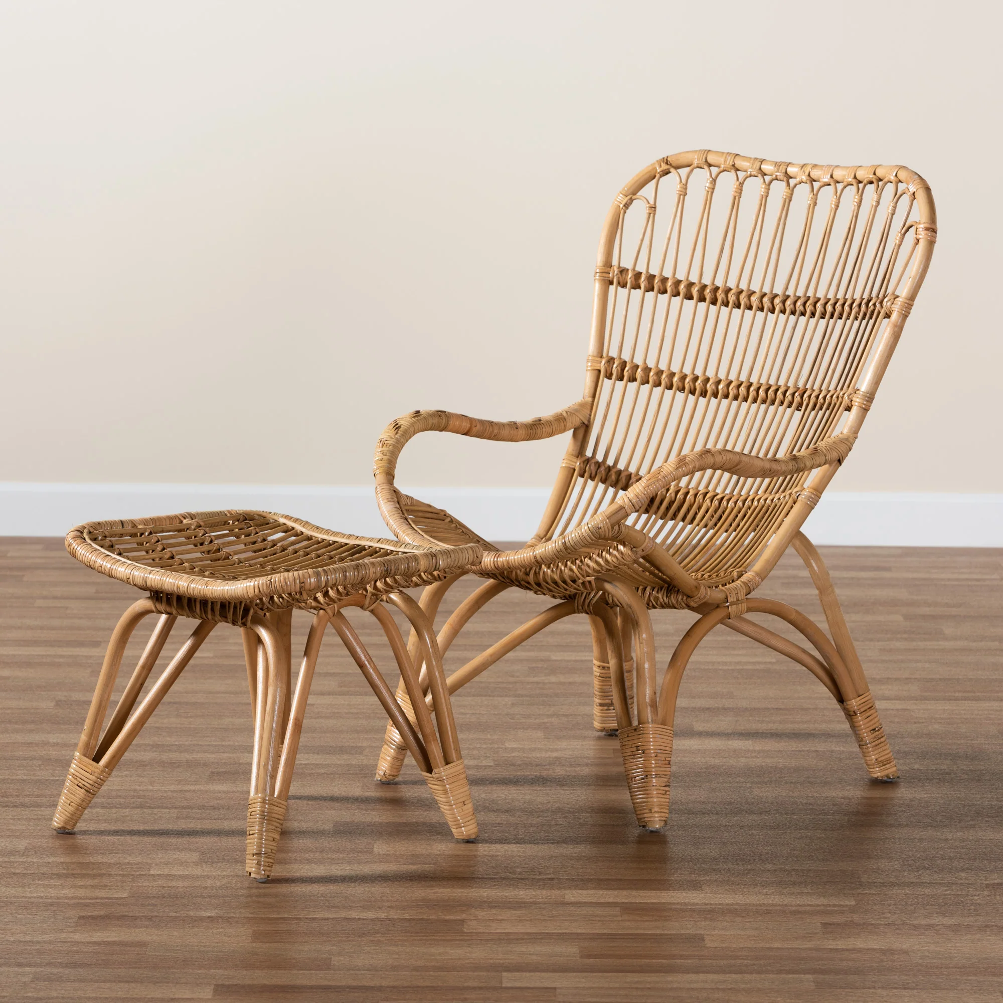 Baxton Studio Earvin Modern Bohemian Natural Brown Rattan 2-Piece Armchair and Footstool Set - Image 9