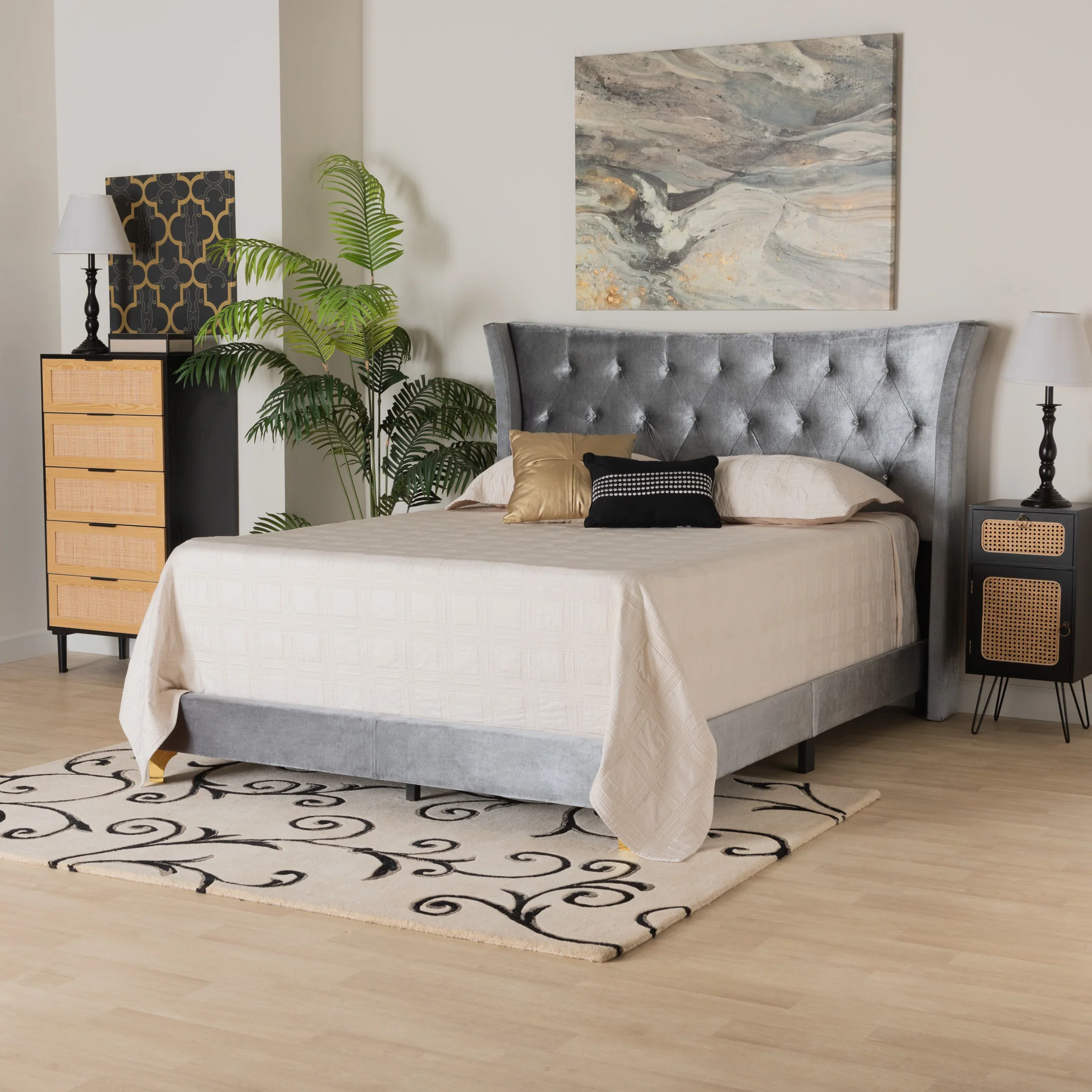 Baxton Studio Easton Contemporary Glam and Luxe Black Velvet and Gold Metal Queen Size Panel Bed - Image 10