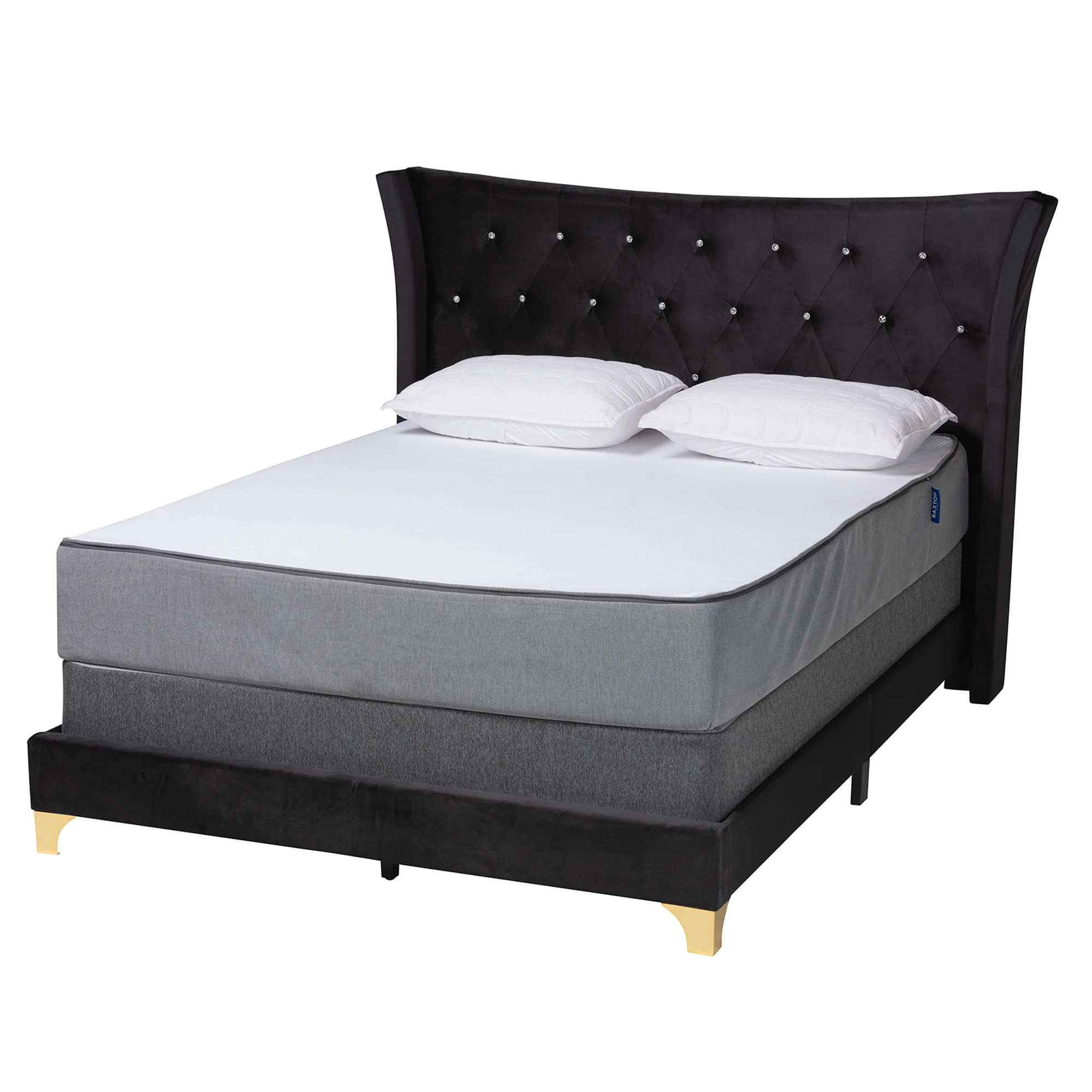 Baxton Studio Easton Contemporary Glam and Luxe Black Velvet and Gold Metal Queen Size Panel Bed - Image 2