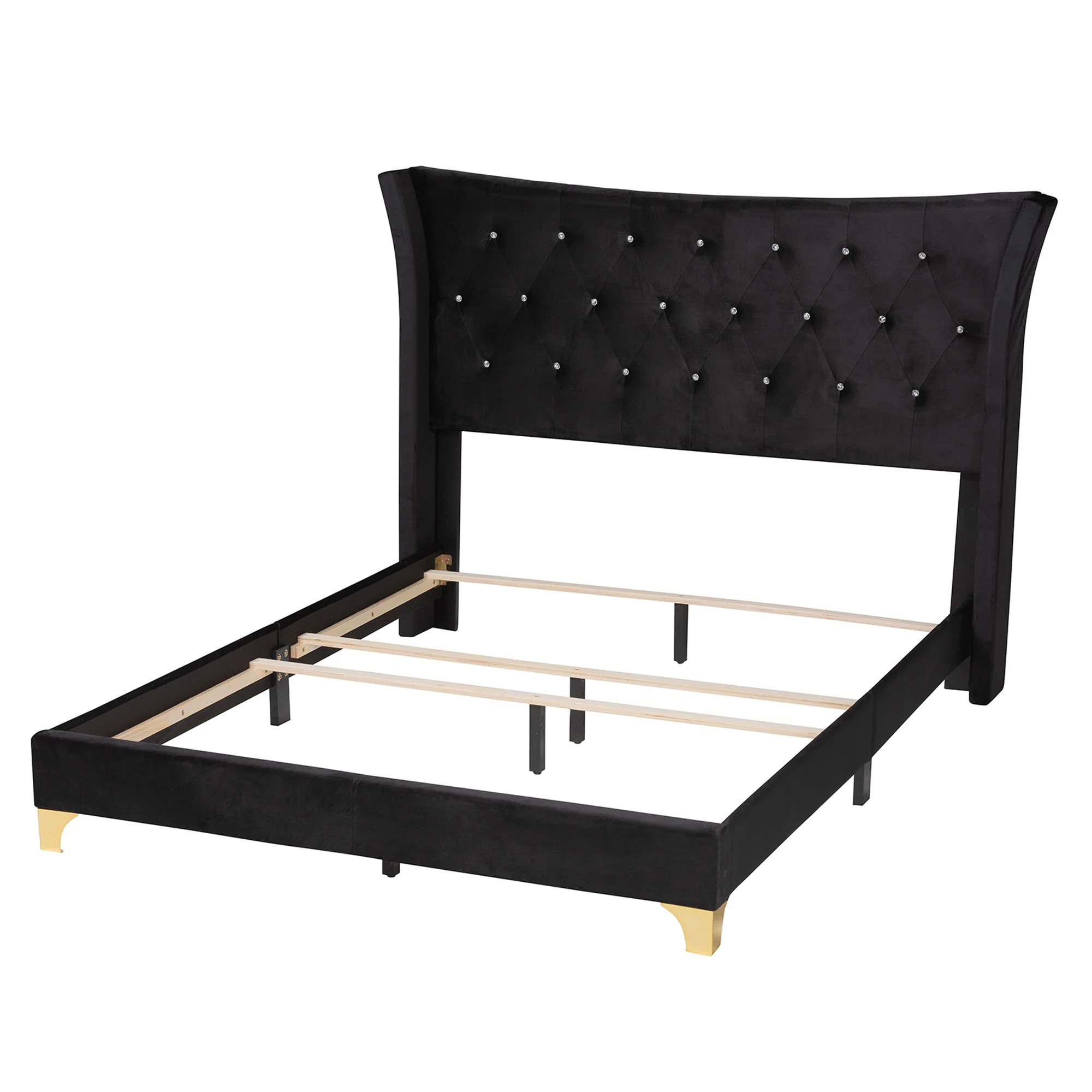 Baxton Studio Easton Contemporary Glam and Luxe Black Velvet and Gold Metal Queen Size Panel Bed - Image 4
