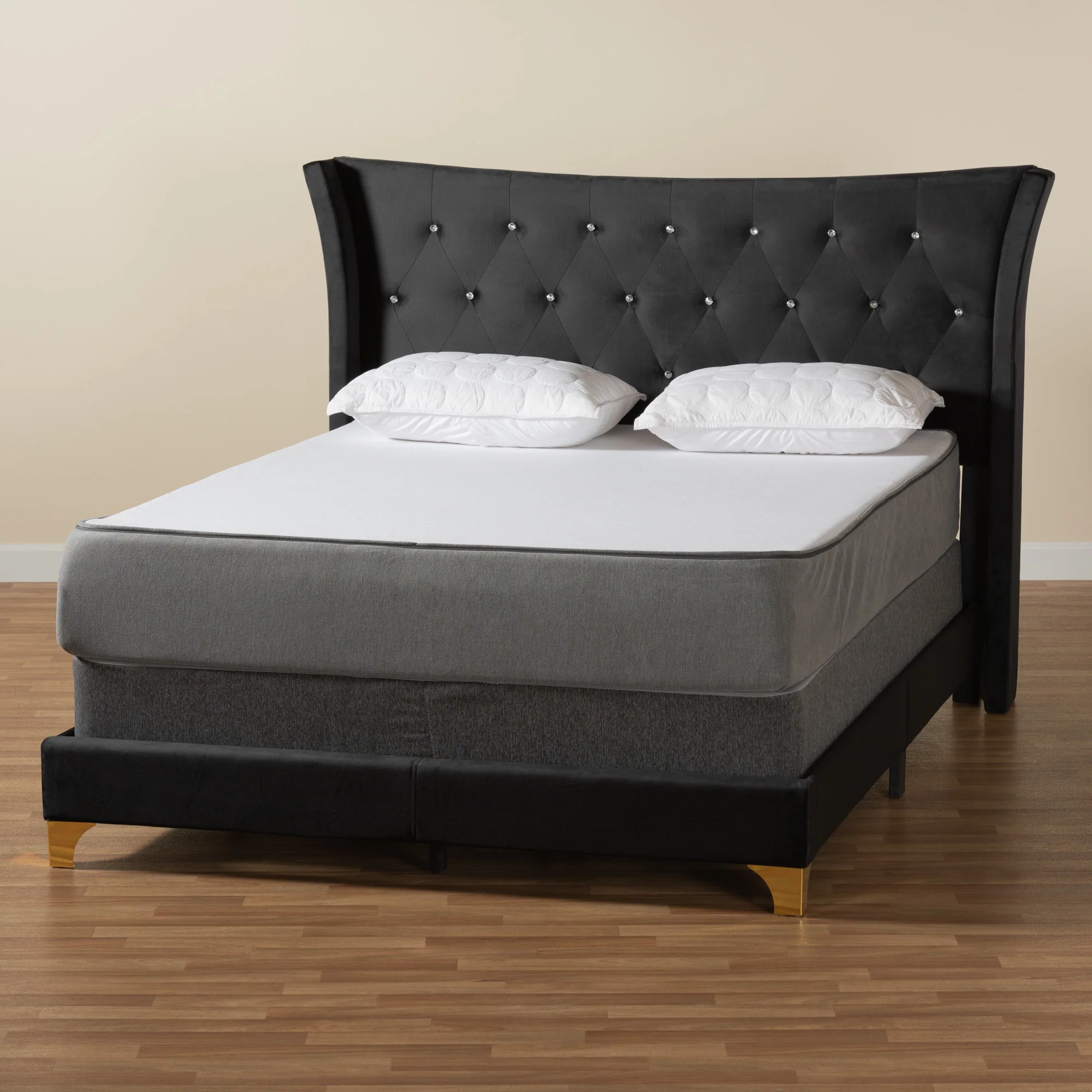 Baxton Studio Easton Contemporary Glam and Luxe Black Velvet and Gold Metal Queen Size Panel Bed - Image 9