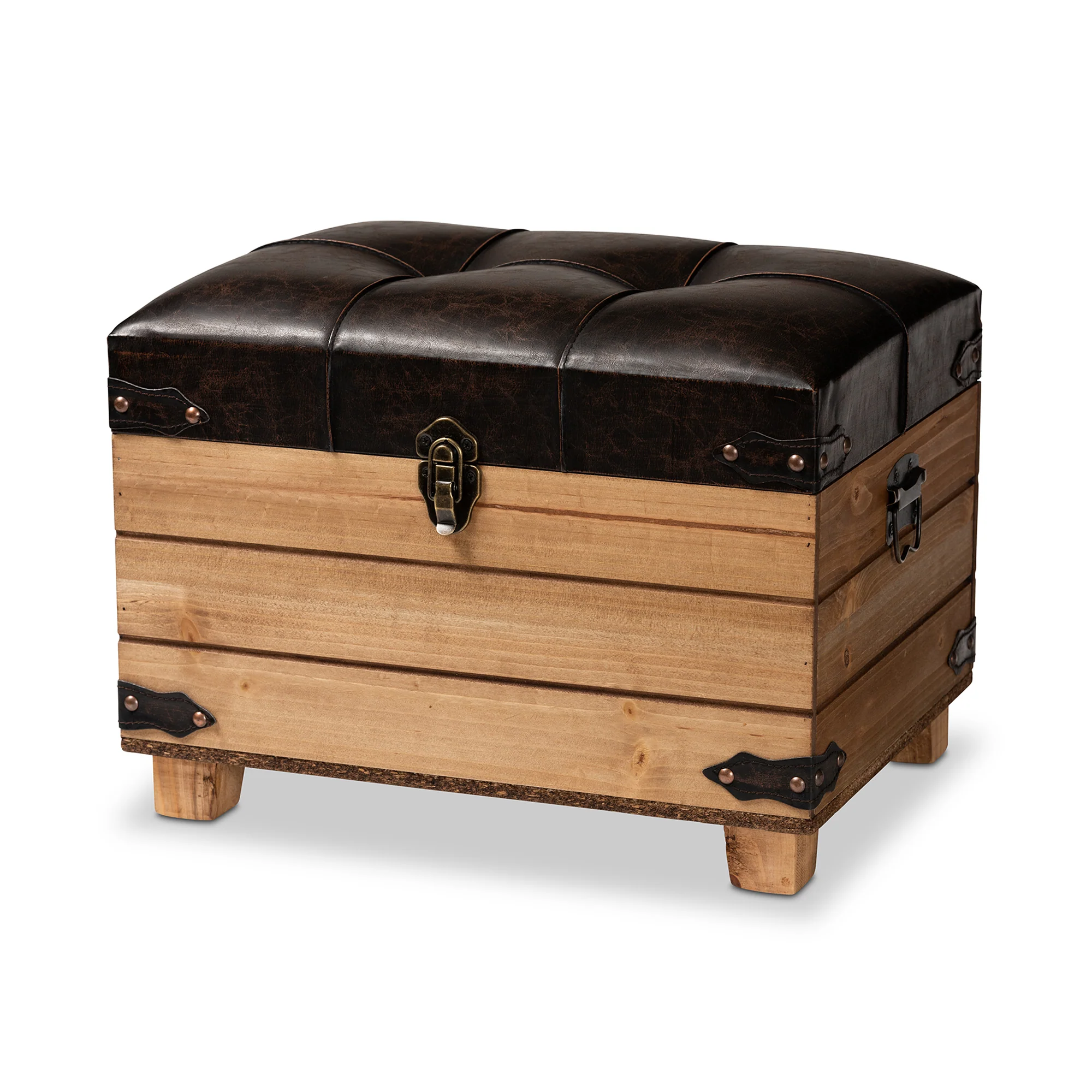 Baxton Studio Edmund Rustic Transitional Dark Brown Faux Leather Upholstered and Oak Brown Finished Wood Storage Ottoman - Image 2