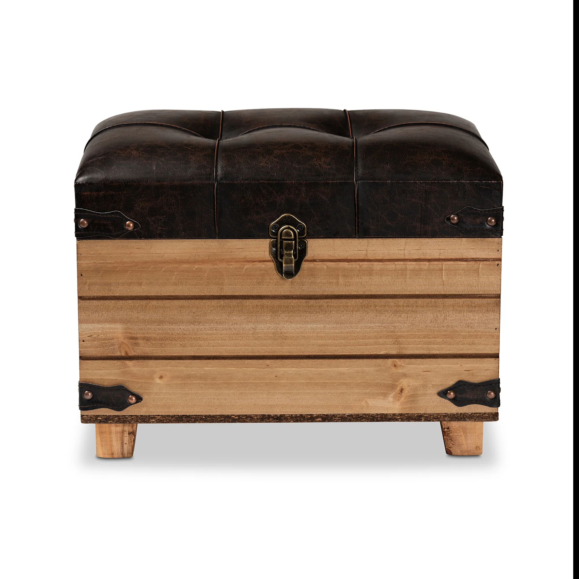 Baxton Studio Edmund Rustic Transitional Dark Brown Faux Leather Upholstered and Oak Brown Finished Wood Storage Ottoman - Image 4