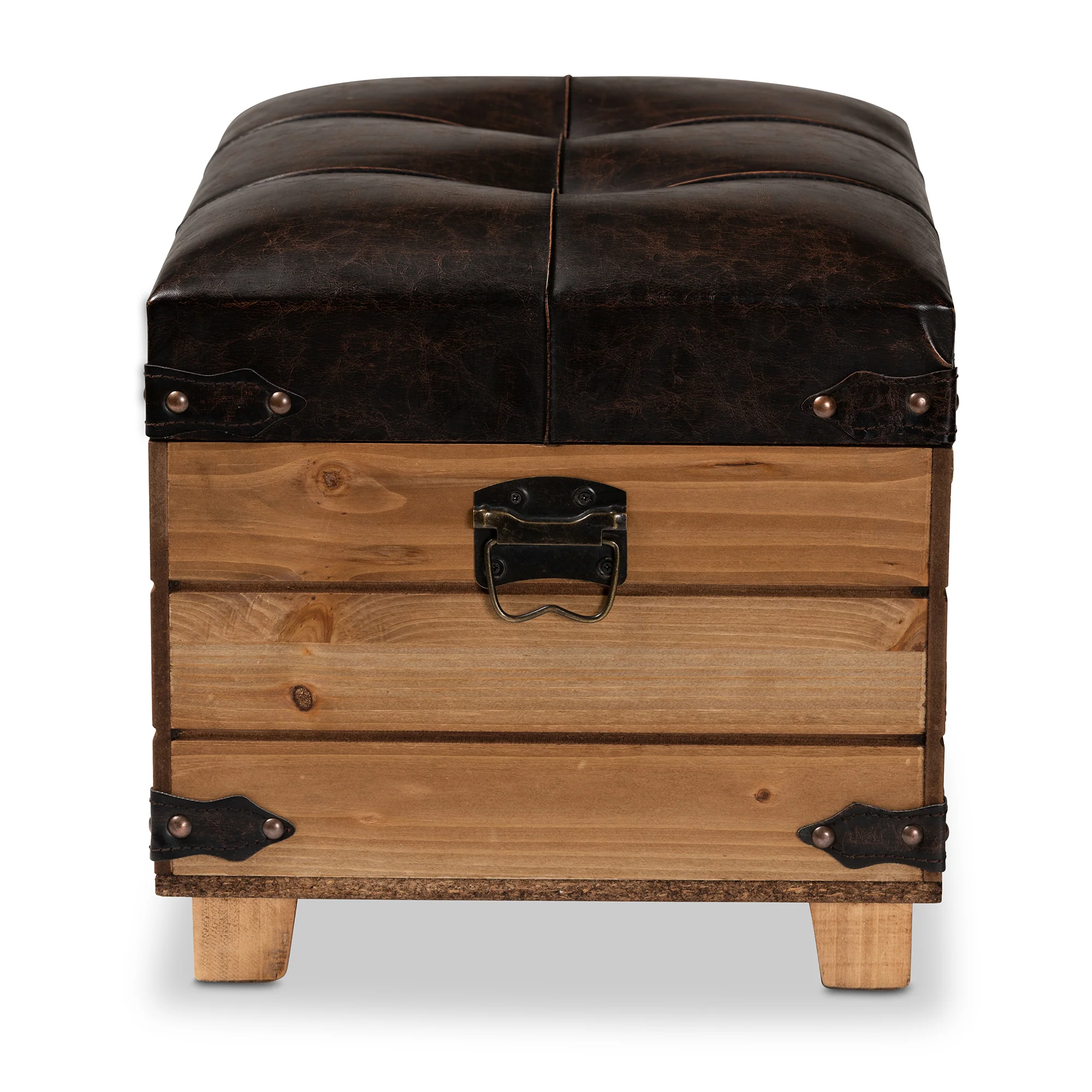 Baxton Studio Edmund Rustic Transitional Dark Brown Faux Leather Upholstered and Oak Brown Finished Wood Storage Ottoman - Image 5