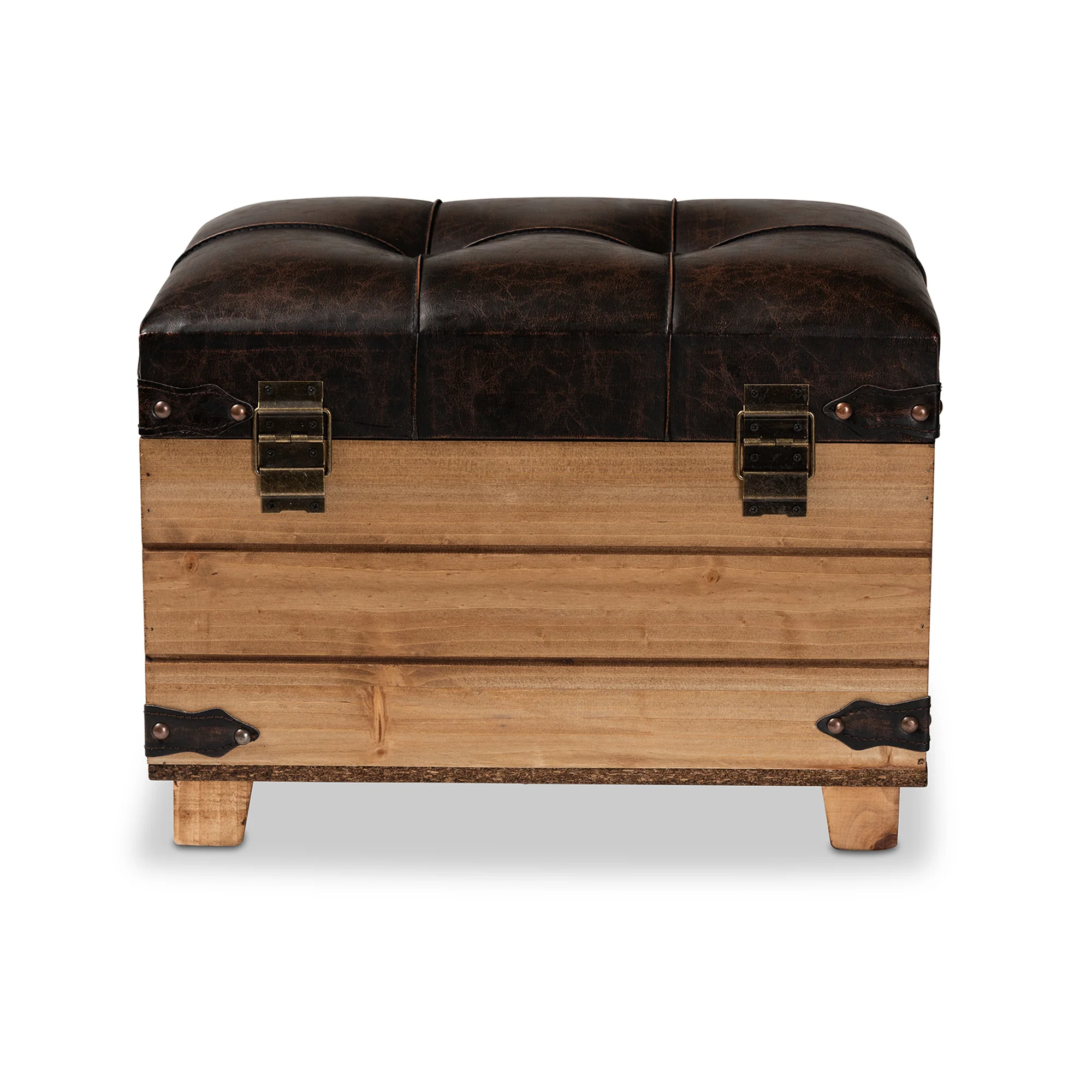 Baxton Studio Edmund Rustic Transitional Dark Brown Faux Leather Upholstered and Oak Brown Finished Wood Storage Ottoman - Image 6