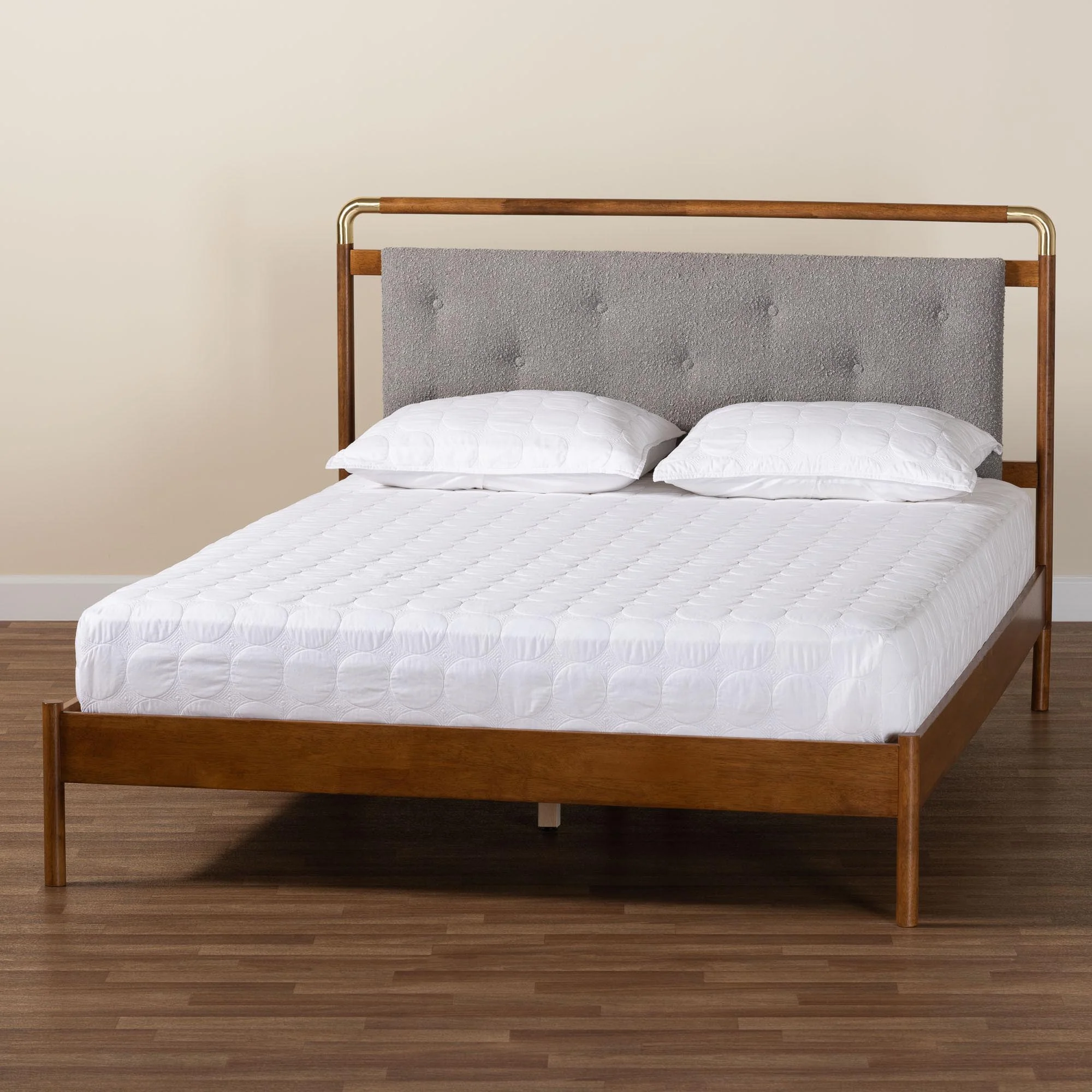Baxton Studio Edwina Mid-Century Light Grey Boucle Fabric and Walnut Brown Wood Queen Size Platform Bed - Image 2