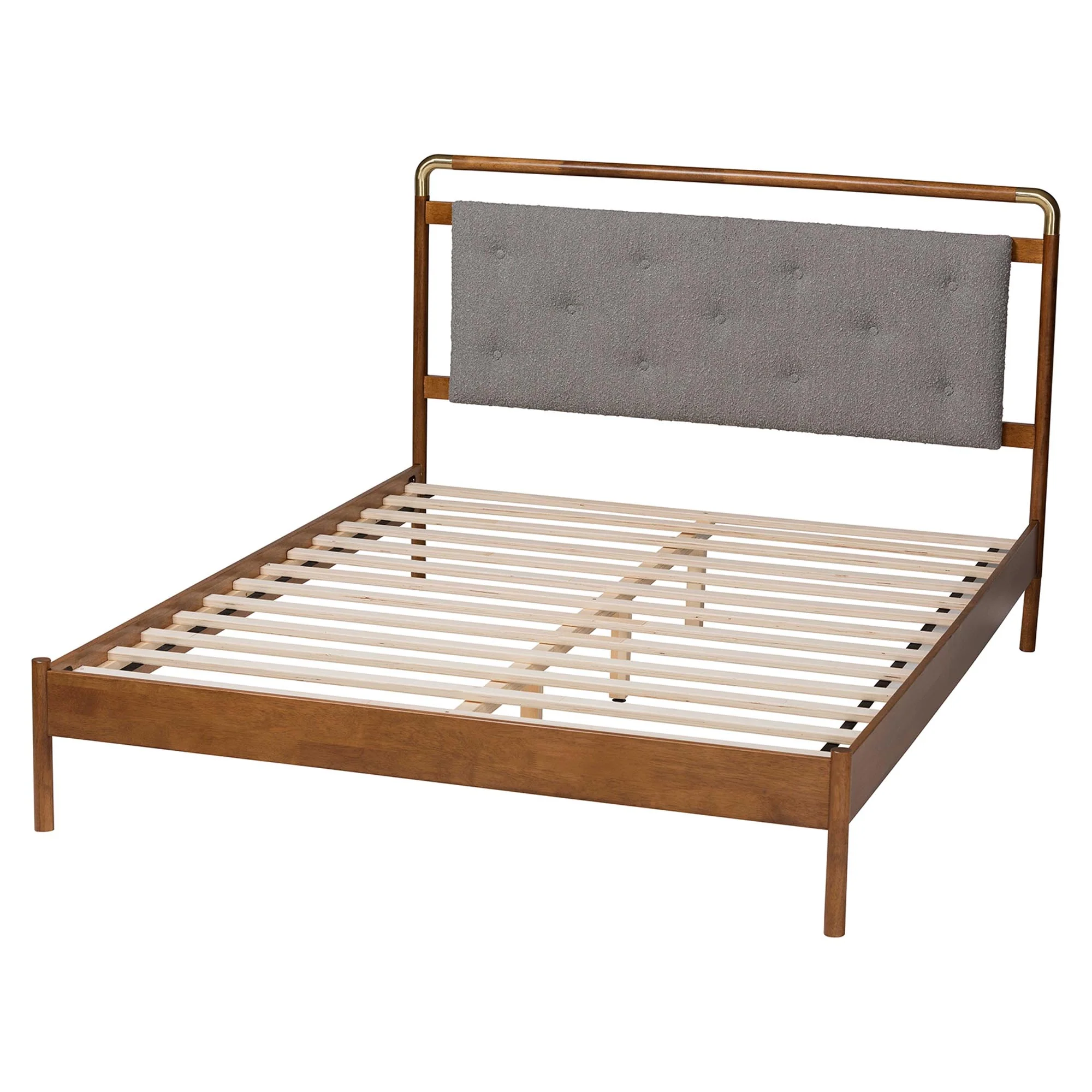 Baxton Studio Edwina Mid-Century Light Grey Boucle Fabric and Walnut Brown Wood Queen Size Platform Bed - Image 6