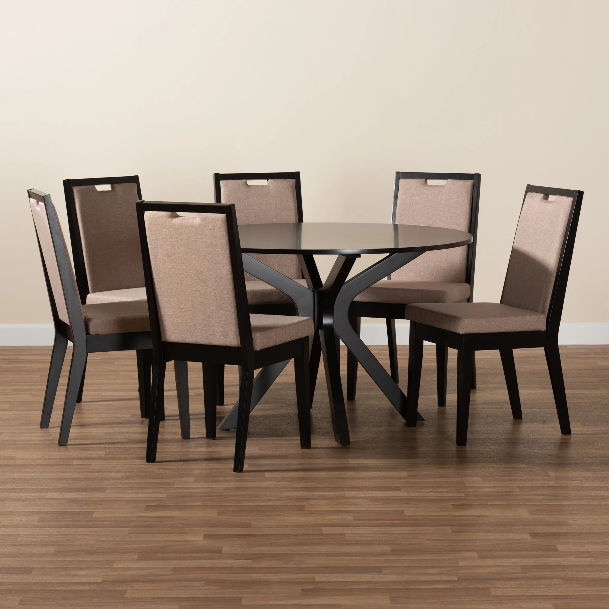 Baxton Studio Eira Modern Sand Fabric and Dark Brown Finished Wood 7-Piece Dining Set - Image 9