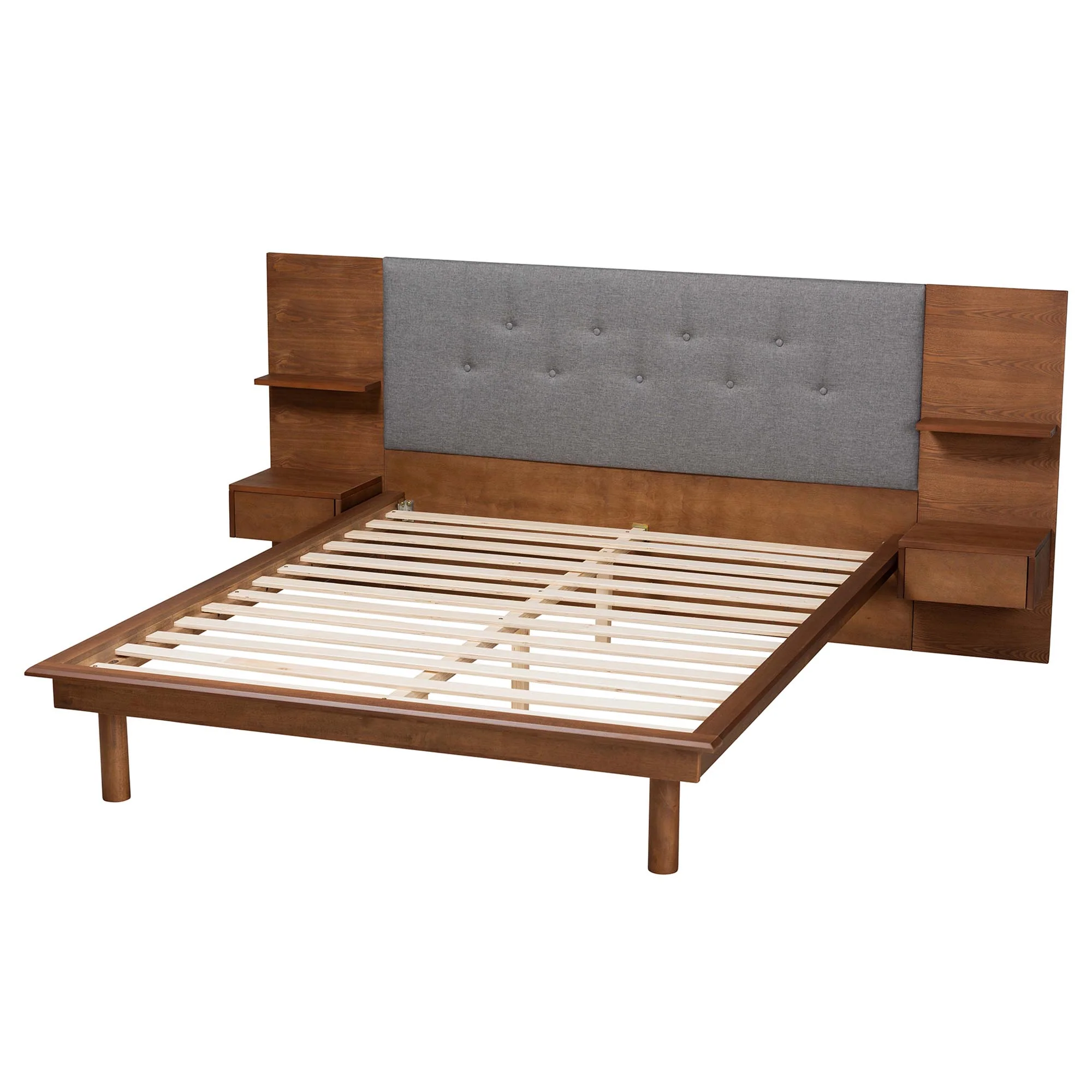 Baxton Studio Eliana Mid-Century Modern Transitional Grey Fabric and Ash Walnut Finished Wood King Size Platform Storage Bed with Built-In Nightstands - Image 5