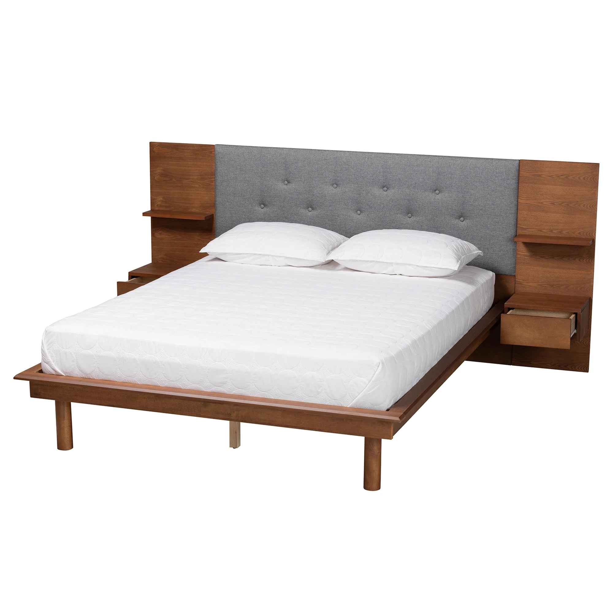 Baxton Studio Eliana Mid-Century Modern Transitional Grey Fabric and Ash Walnut Finished Wood Queen Size Platform Storage Bed with Built-In Nightstands - Image 3